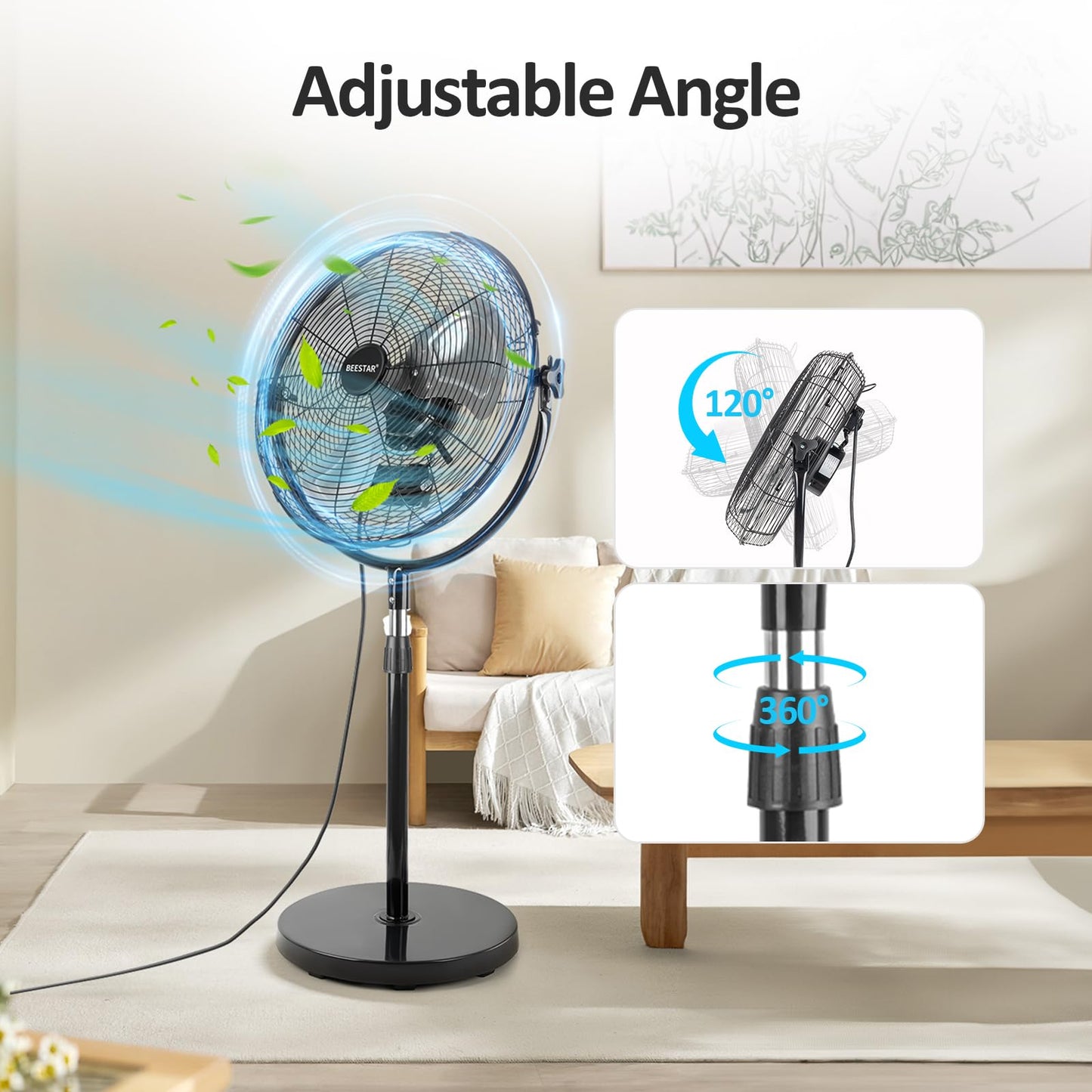 BEESTAR 18 Inch Heavy Duty High Velocity Pedestal Fan,Industrial Standing Fan with Adjustable Height and Tilt,3-Speed,Metal for Industrial, Commercial, Residential, Greenhouse,Black