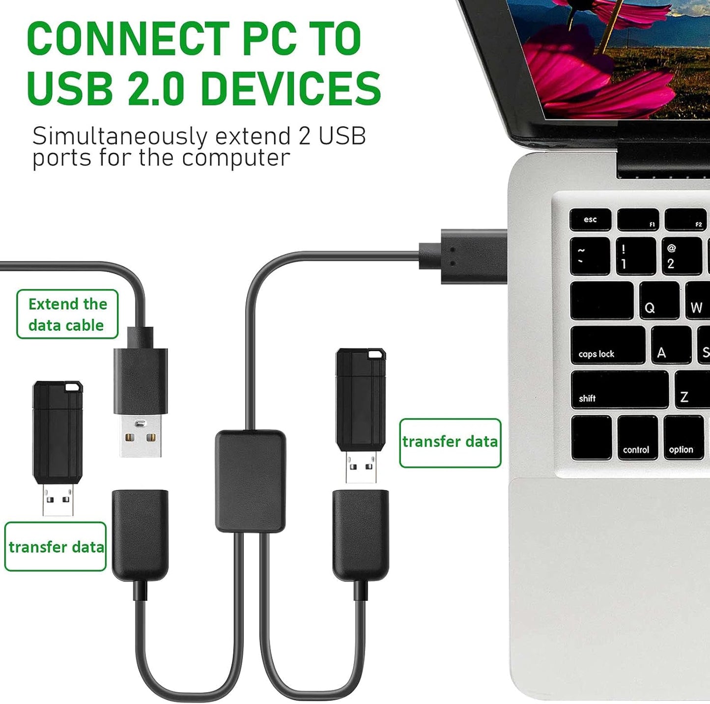 SAISN 1 2 2.0 2 USB Y Splitter Cable Male to Female USB Hub Ports Data Cable Power Cord Charging Extension Adapter Wire