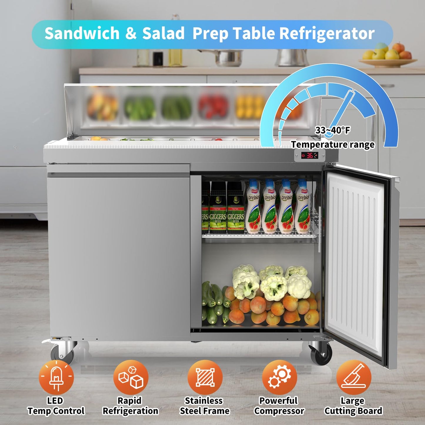 Ferueo 48’’ W Commercial Refrigerator Sandwich Salad Prep Table Refrigerators 2 Door with 12 Pans, Prep Station Fridge for Restaurant, Bars, Shops