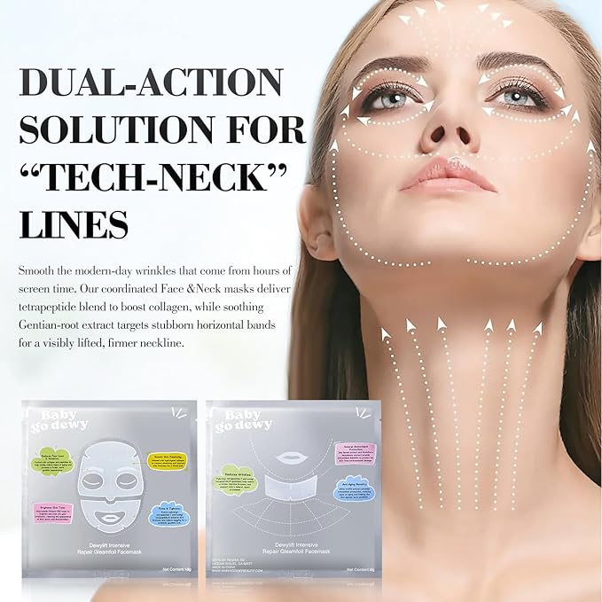 Bio-Collagen?‘Peptide Face Mask Sheets ??Gleam Foil Intensive Overnight Hydrate Face???¯Neck Masks for Moisturizing, Firming & Lifting Care ??8 Count(4 Face Masks + 4 Neck Masks)
