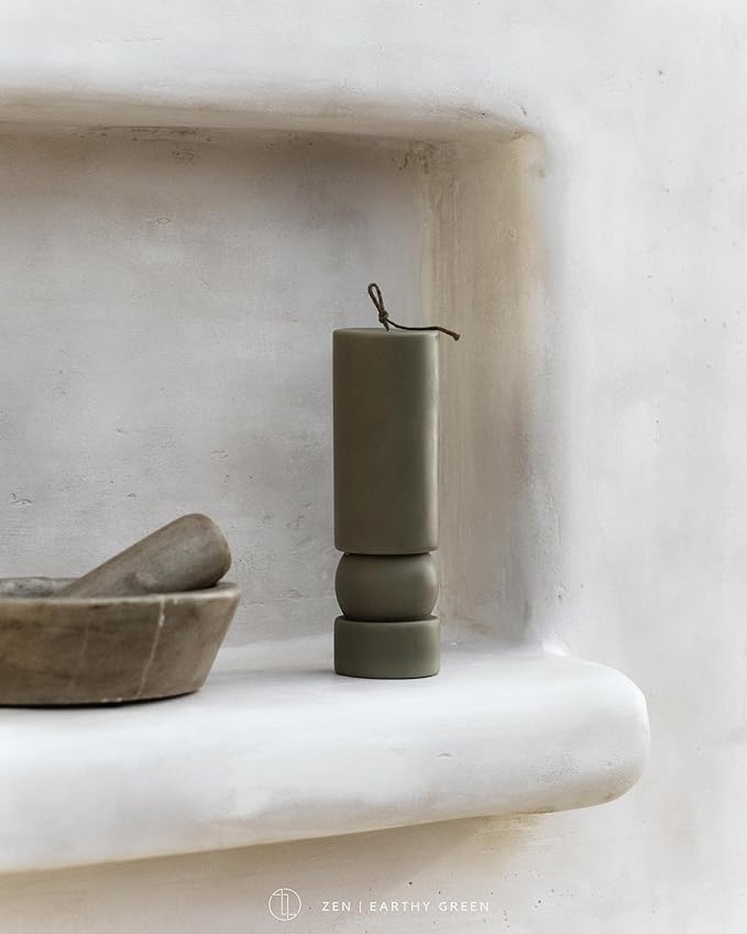 LAWA Zen Candle - Beautiful Handmade Pillar Scented Soy Wax Elegant Aesthetic Candle Housewarming Gift Home Room Shelf Decor Idea (Earthy Green)