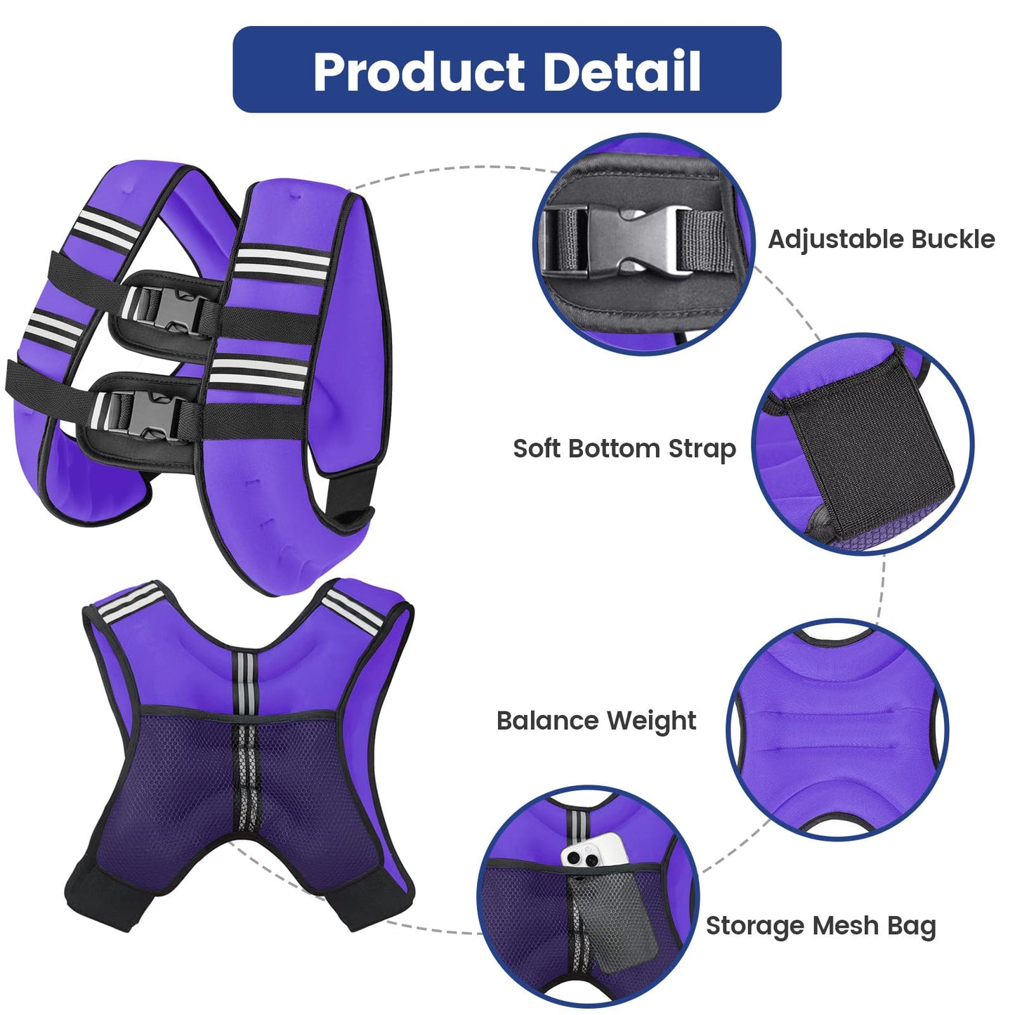 16Lb Purple Weighted Vest with Two Adjustment Straps for Men Women, Weight Vest with Reflective Stripes for Workout, Strength Training, Running, Fitness, Muscle Building, Weight Loss, Weightlifting