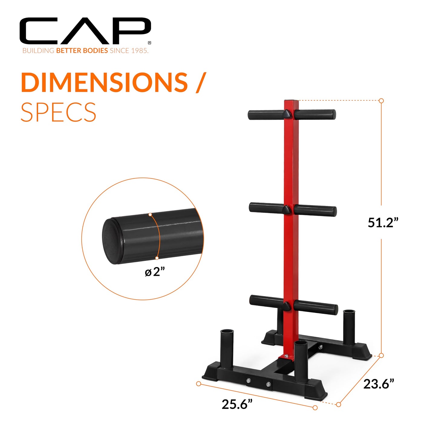 CAP Barbell Olympic Bumper Plate Tree Rack with 6 Weight Plate Posts and 4 Barbell Storage Holders – Heavy-Duty Steel Gym Organizer for Olympic Plates and Bars - Black/Red