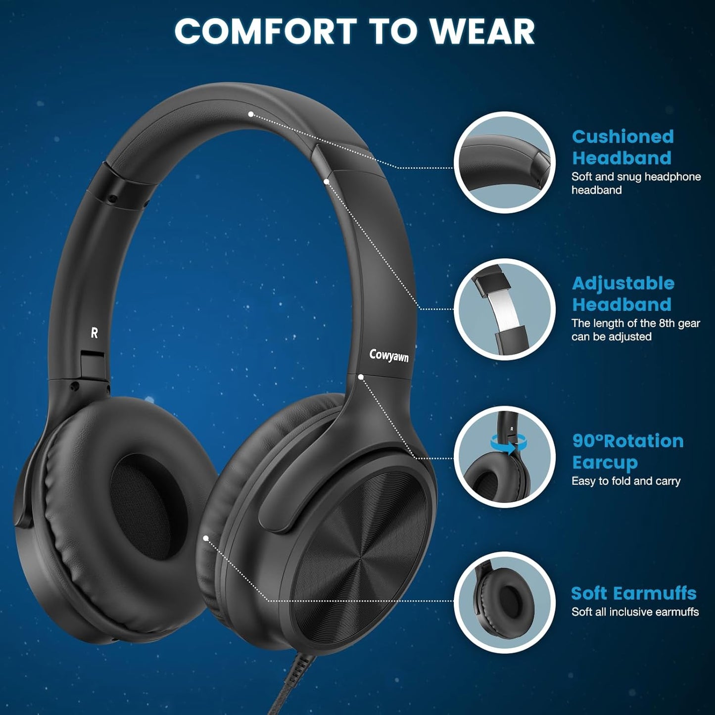 3.5mm Cowyawn Over Ear Headphones Wired, Foldable Wired Headphones with Microphone, Volume Control, HD Stereo Sound