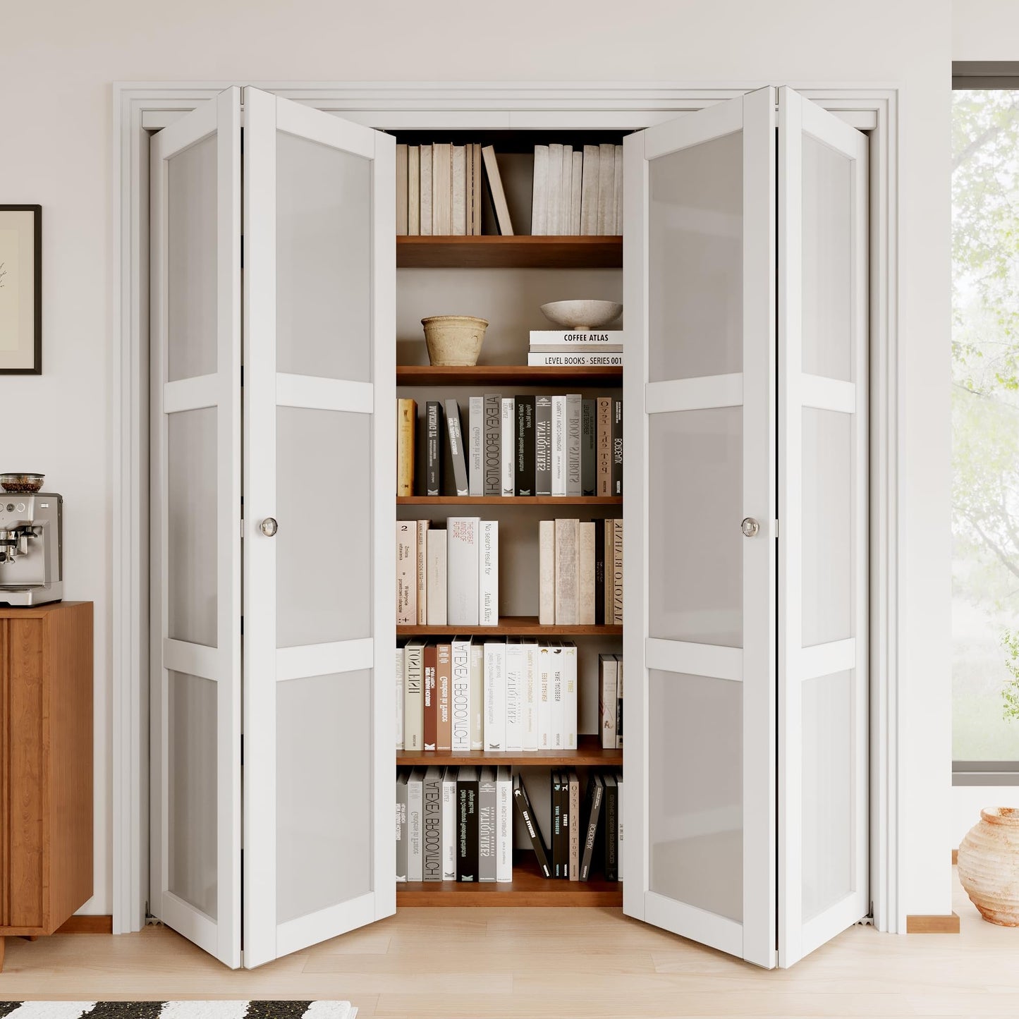 JuJuBon Bifold Doors for 72"x 80" Opening, 3-Lite Tempered Frosted Glass Closet Door with Sliding Hardware Kit, Interior Bi Fold Doors for Pantry, Solid Build Quality & Easy Install