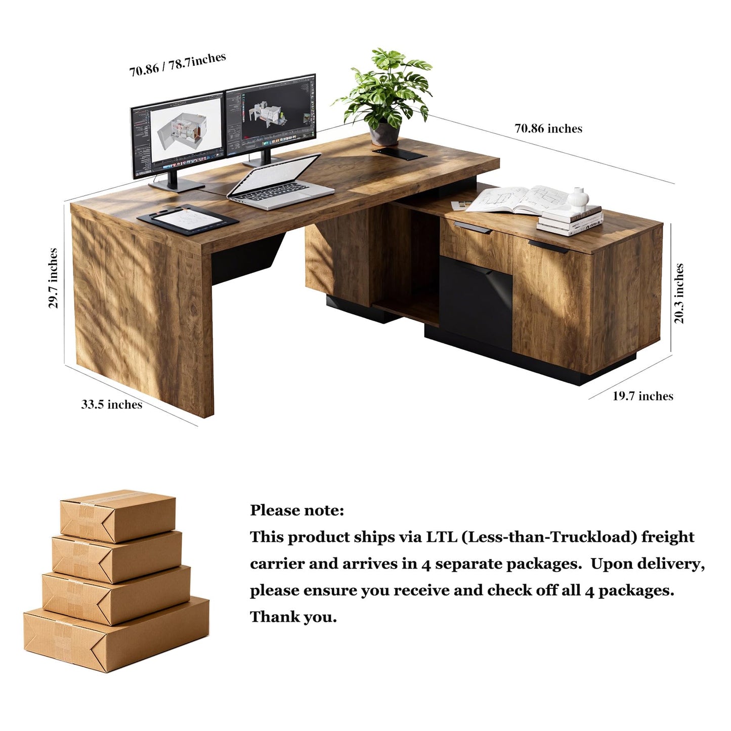 SAINTCY L-Shaped Executive Desk, Retractable Office Desk with Drawers, Large Wood Computer Desks Adjustable Width for Boss, Bussiness Owners, Manangers and Supervisors, (Right Return, 70.86" to 78.7")