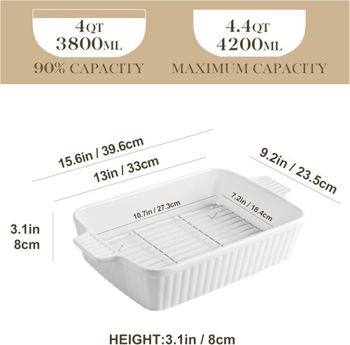 MALACASA 4.4 QT Baking Dish Set - 9x13 Large Casserole Dish with Rack & Handles for Oven Use