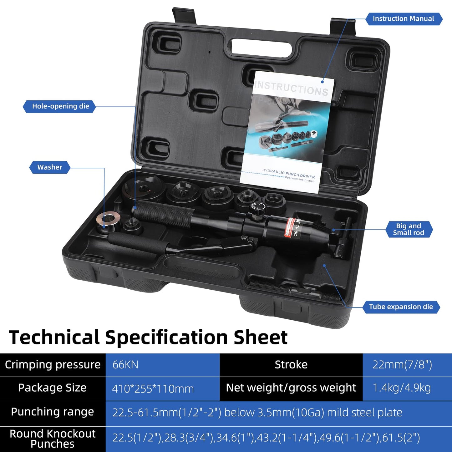 Nuiu TP-8C Hydraulic Knockout Punch Kit, 66KN Punching Pressure with 6 Hole-Opening Dies 1/2" to 2", 360° Rotatable Head for Electrical Panel, Conduit Pipe Punching