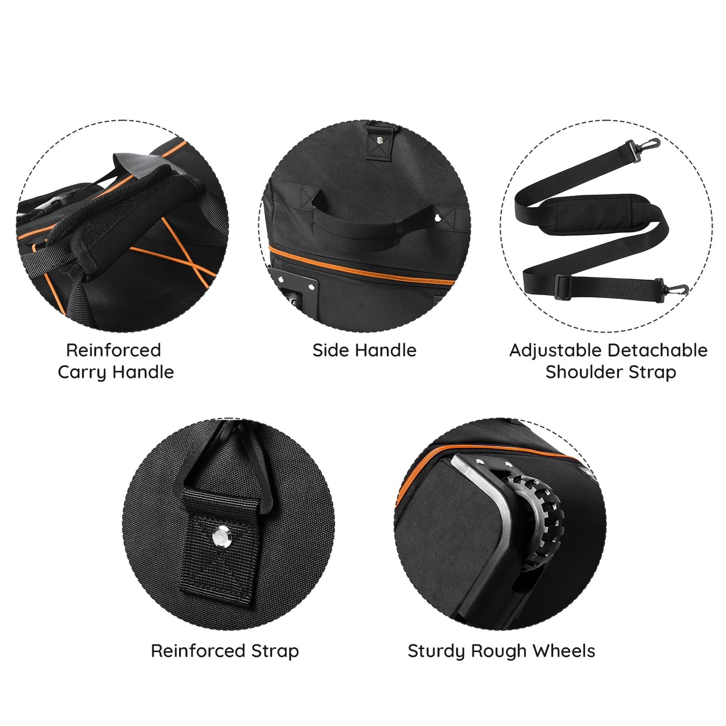Bagenerous 110L/140L Expandable Soft-Sided Foldable Duffle Bag with 2 Rubber Wheels,Packable 32” Rolling Carry-On with Multi-Pockets & Compartments,Black Orange