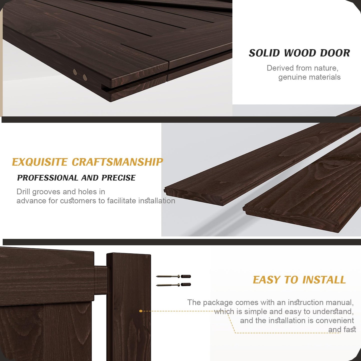 FREDBECK 32in x 80in Brown Wood Barn Door with 5.5ft Barn Door Hardware Track Kit Included, Double Surfaces,Simple Assembly is Required,K-Frame,Coffee