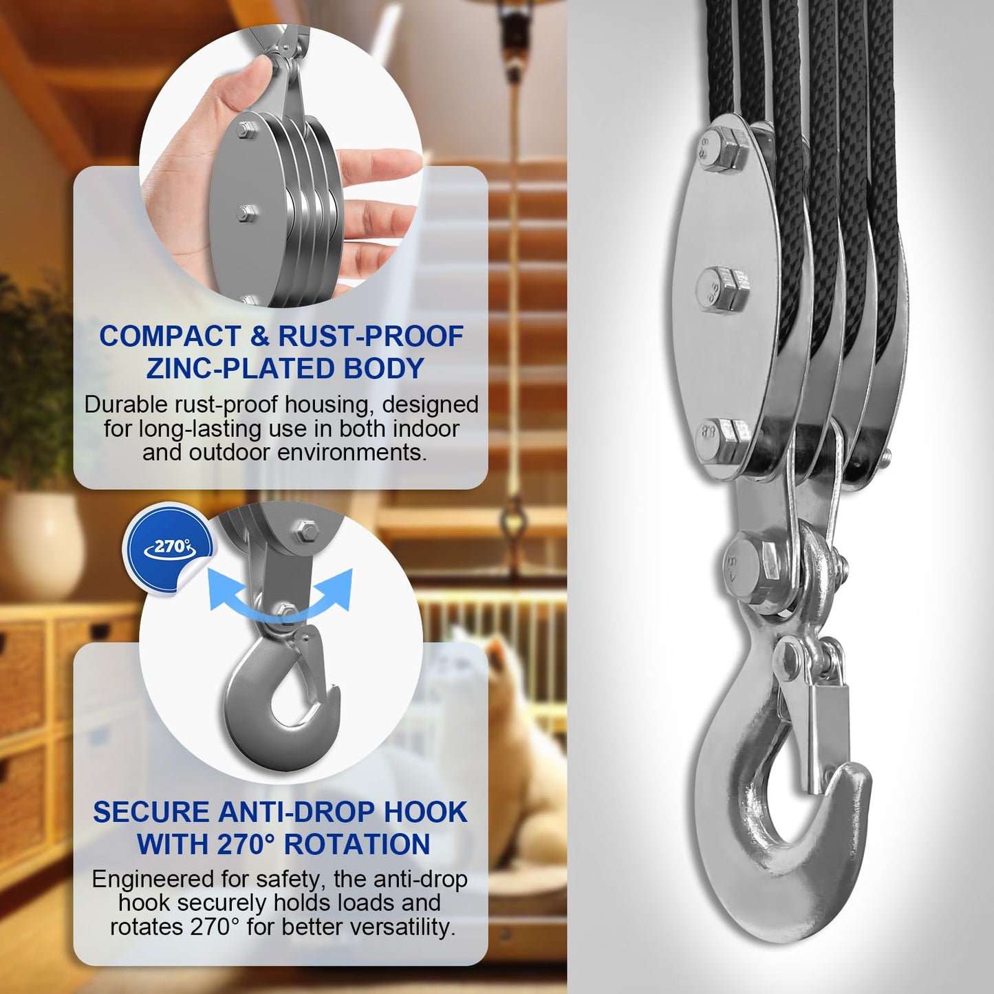 SALIFTFE Block and Tackle Pulley System, Upgraded 4-Wheel Rope Pulley Hoist, 8:1 Lifting Power, 2200LB Work Load with 65Ft of 1/4" Rope, Ultra-Compact Rope Hoist for Garage, Hunting, and Heavy Lifting