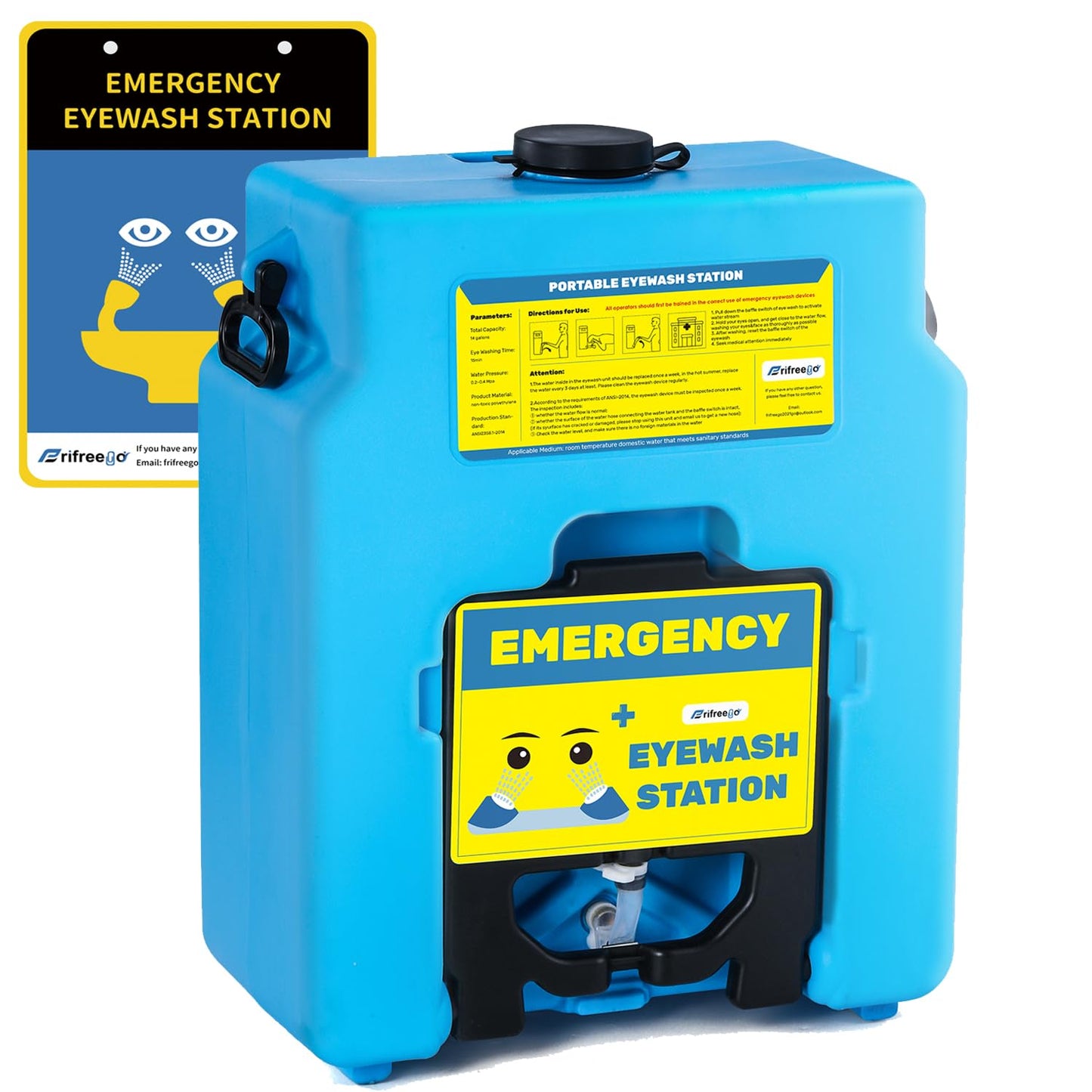 14gal Portable Eye Wash Station, Heavy Duty Gravity-fed Eyewash Station, Self-contained Eye Wash Station OSHA Approved with Dual Nozzles, 15min Emergency Eye Washing Station, No Leakage