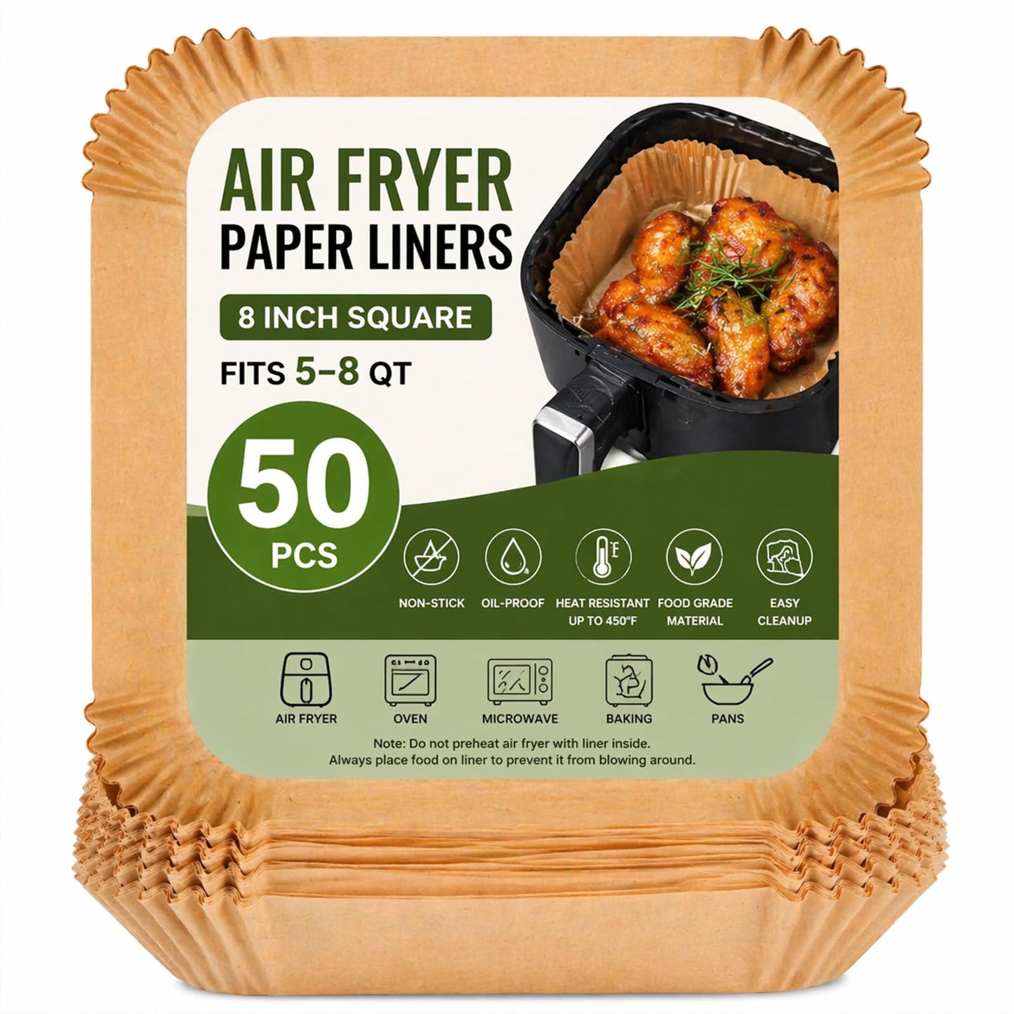 Air Fryer Paper Liners - 50PCS Square 8-inch Parchment Paper for 5-8QT Air Fryers, Non-Stick, Heat-Resistant to 450°F, Oil-Proof, Easy Cleanup, Food Safe