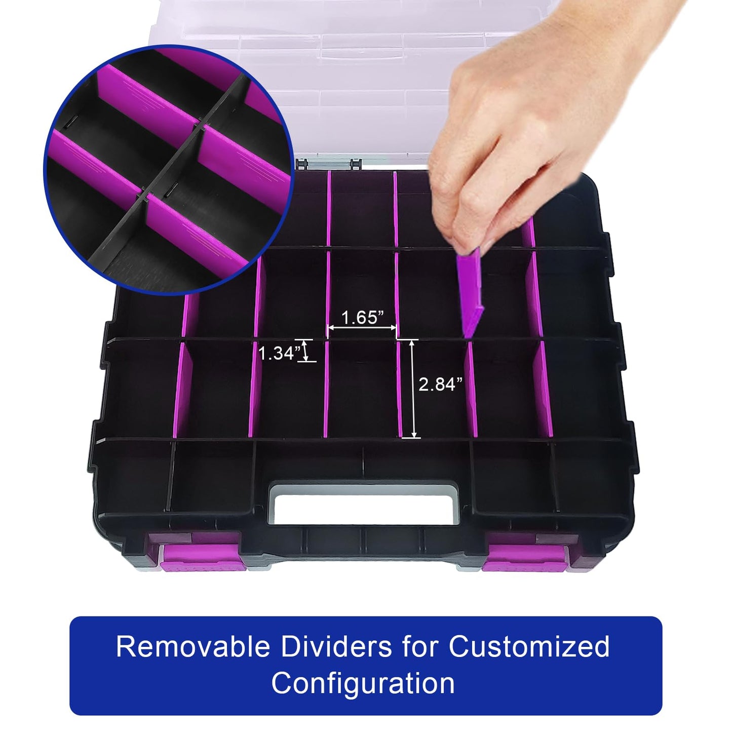 Tools Organizer Box Small Parts Storage Box 50-Compartment Double Side Hardware Organizers with Removable Plastic Dividers for Screws, Nuts, Nails, Bolts, Purple