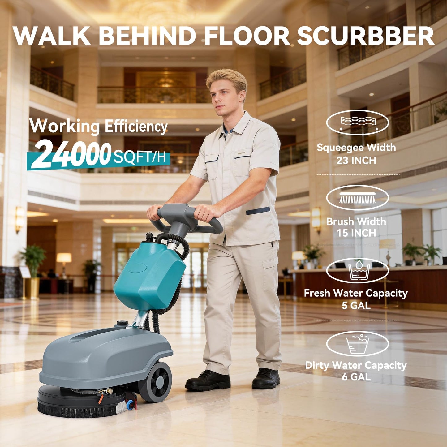 KARHDIR 15" Walk Behind Floor Scrubber Machine, 23" Squeegee, 6 Gal Dirty Water Tank Capacity, Floor Scrubber with Brushes, Hard Floor Scrubbers for Office Cafe Boutique Clinic Commercial Tight Space
