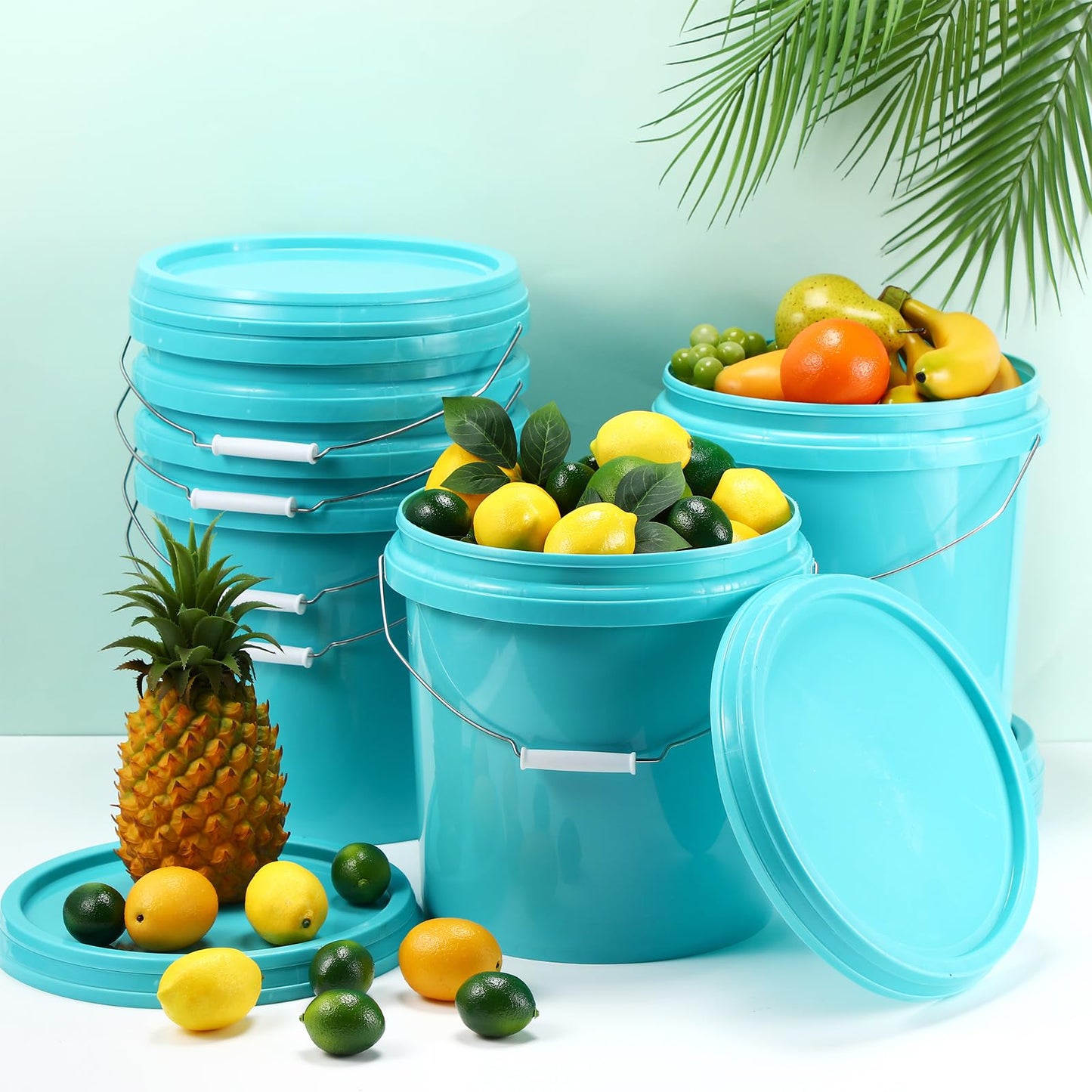Blushtier 6 Pcs 3.2 Gallon Plastic Bucket with Lid and Metal Handle All Purpose Pail Recyclable Multipurpose Storage Bucket Heavy Duty Bucket Pail Container for Home Household Cleaning, Lake Blue