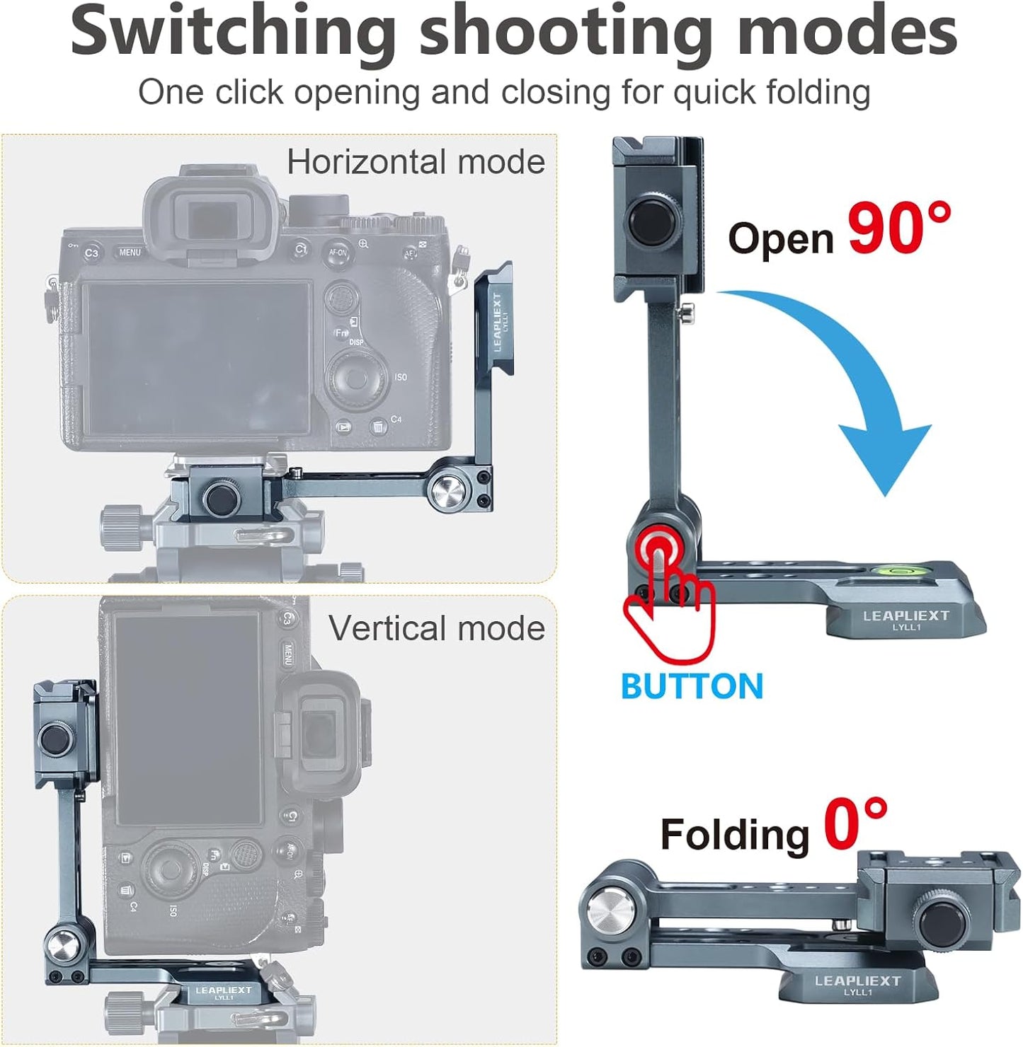 LEAPLIEXT 90 1/4" Aluminum Camera L Bracket, Folding Vertical/Horizontal Shooting Mount, Arca-Swiss Groove, Cold Shoe