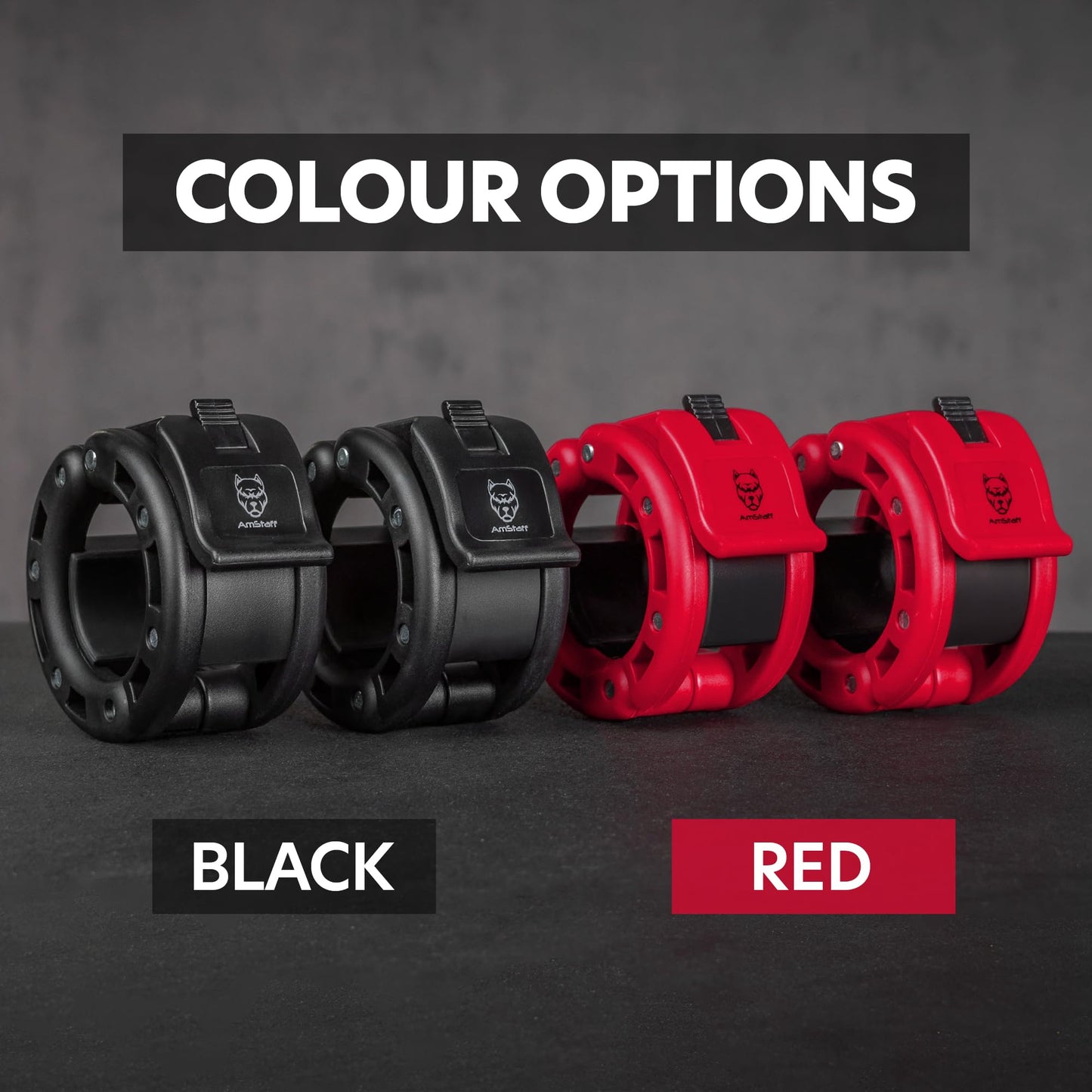 AmStaff Fitness Barbell Collars Clamps – Quick Release 2 inch Locking Olympic Bar Collars for Weightlifting, Powerlifting, and Strength Training (Pair, Red)