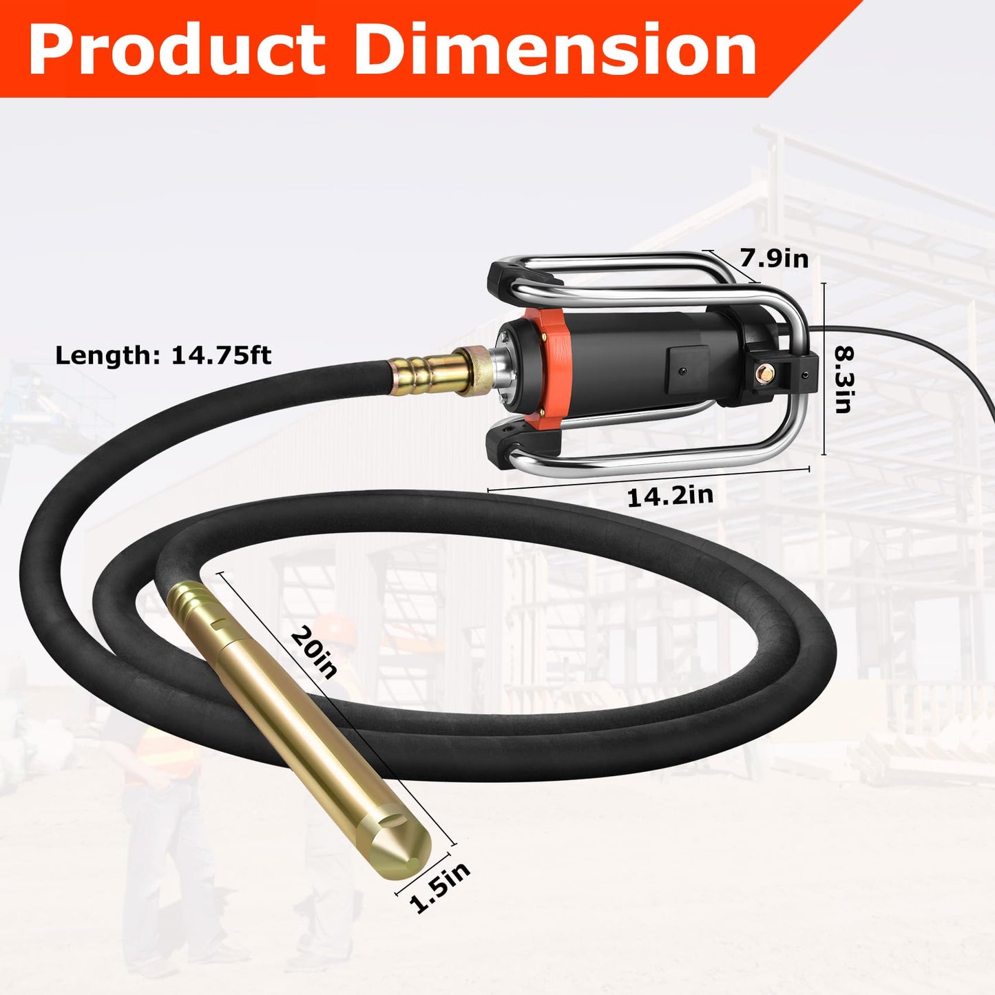 Seeutek Concrete Vibrating Tool - 1500W 16000 RPM Portable Pencil Cement Vibrator to Remove Air Bubbles and Level Concrete with 4.5m (14-3/4ft) Long Shaft Rod, Easy to Use