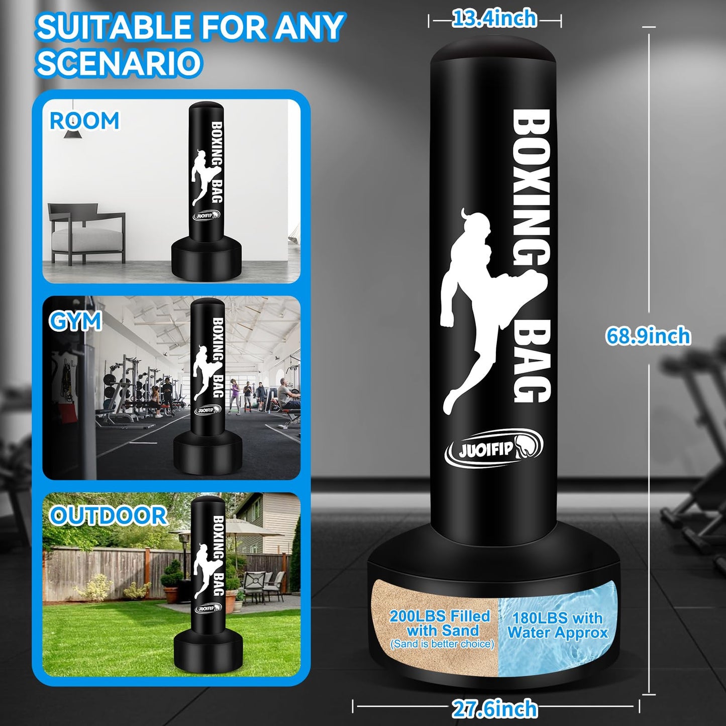 69'' Free Standing Punching Bag for Adults, Boxing Equipment Kicking Bag Inflatable Kick Boxing Bag with Stand for Training MMA Muay Thai Fitness