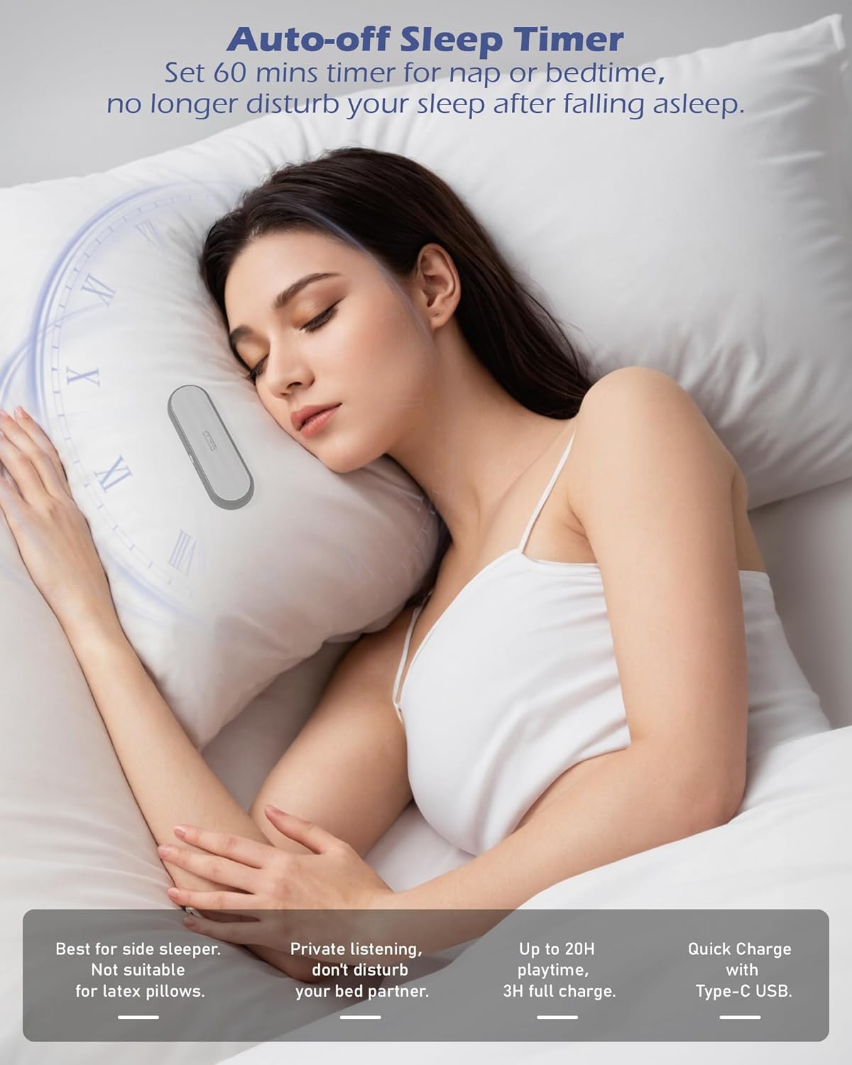 20-Hour Under Pillow Bluetooth Speaker for Sleep: Private Bone Conduction Portable Speaker with White Noise - Battery