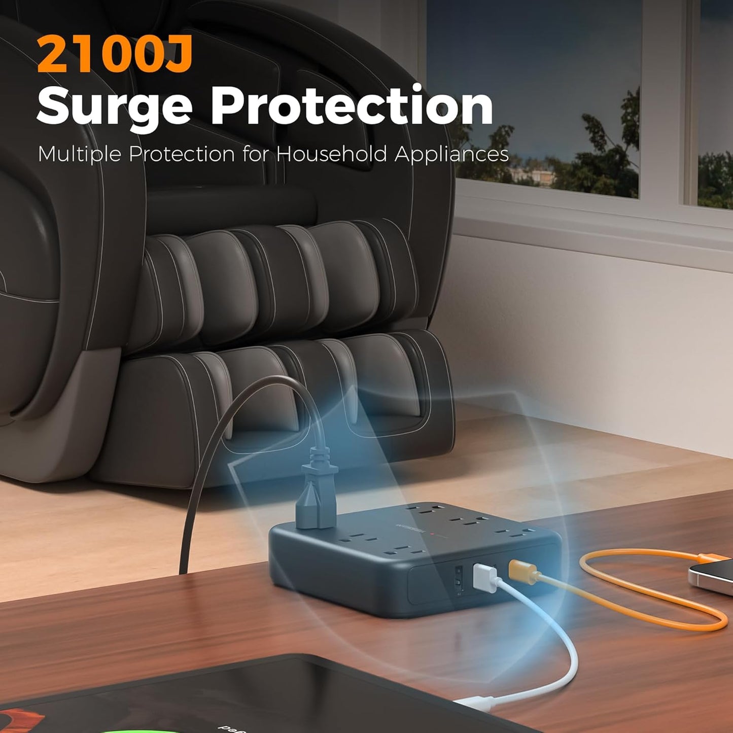TESSAN 5Ft 6 4 (2 2100 Black Extension Cord with Multiple Outlets, Surge Protector Power Strip with Outlets and USB