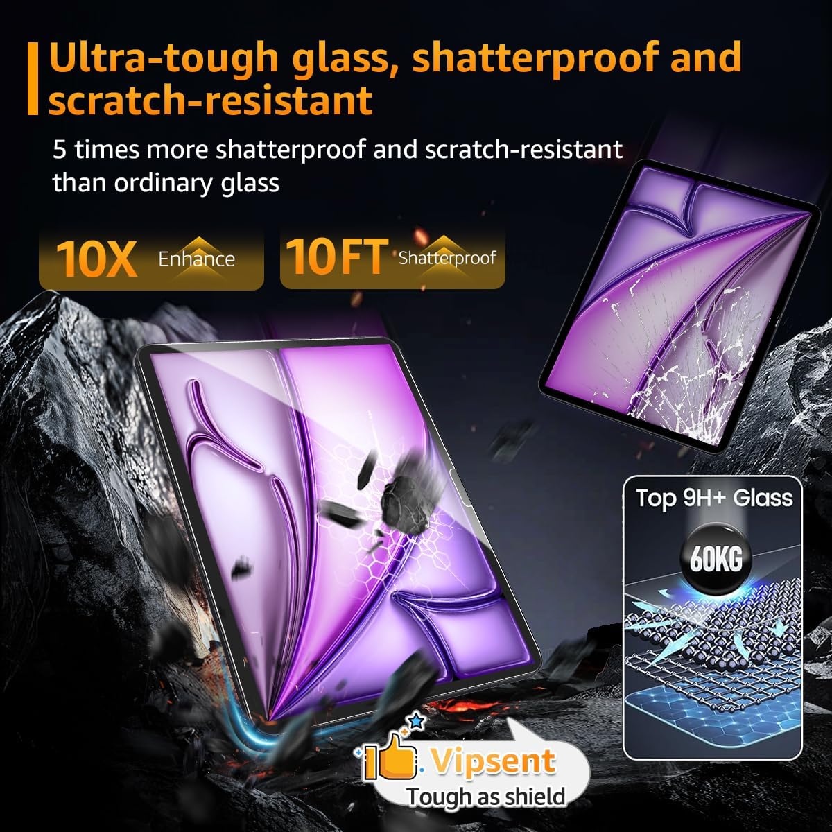 Vipsent 2-Pack 11th A16 11-in. /10th 10.9-in. (2025/2022) 9H+ Glass Screen Protector for iPad Generation Military