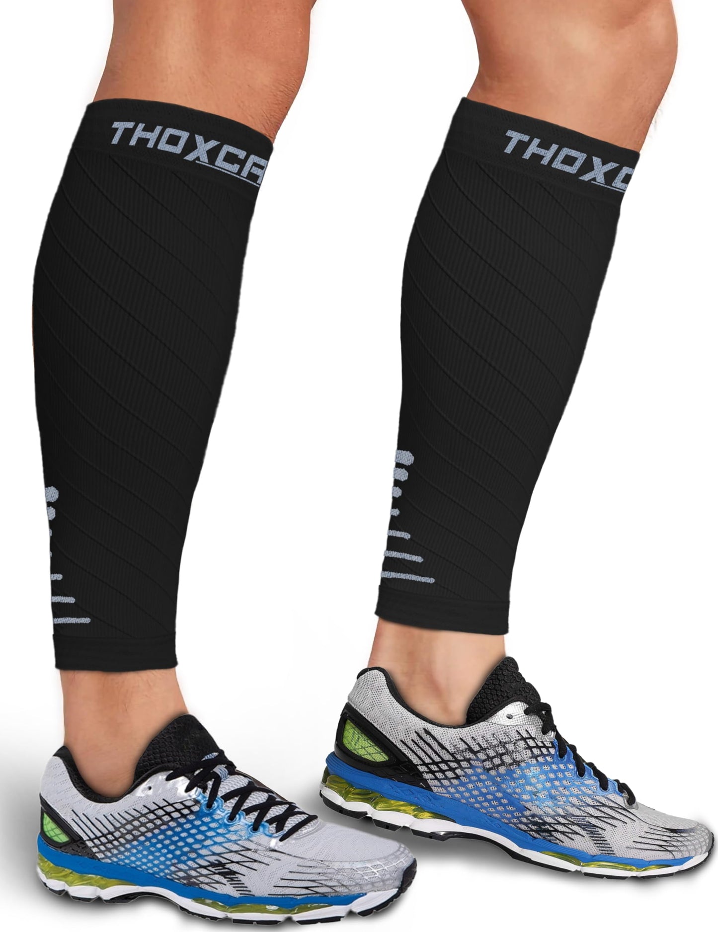 Thoxcare Calf Compression Sleeve for Men Women (1 Pair), Leg Support Footless Compression Socks for Running - Shin Splint Varicose Veins Swelling & Pain Relief, Black/Gray, Large