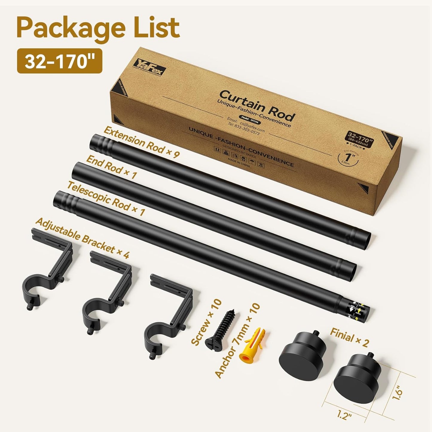 YaFex Curtain Rods - Heavy Duty 1 Inch Adjustable Window Treatment Rods | 32-170 Inch, Modern Black Design