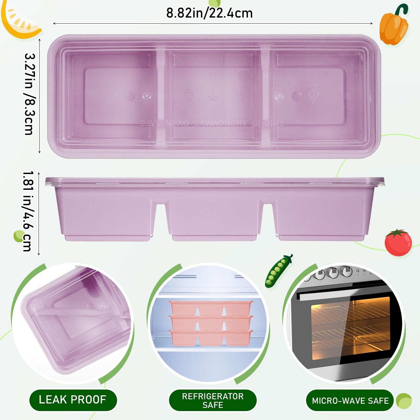 Hushee 10 Pack 17 oz Small Meal Prep Containers with 3 Compartments Snack Containers with Lid Disposable Plastic Bento Box Travel Lunch Food Boxes Stackable for Office Picnic (Purple,Pink,Mint Green)