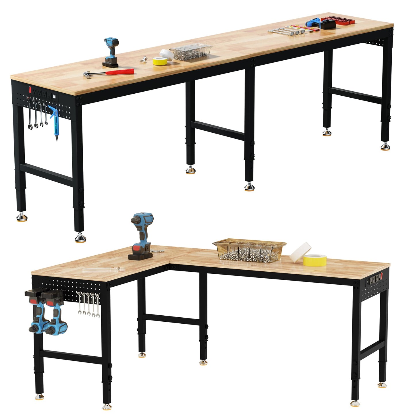 Betterhood 96" 2-in-1 Convertible Adjustable Workbench, L-Shaped & Extended 5000 LBS Heavy Duty Work Table with Power Outlets & Pegboard, Rubber Wood Workstation for Garage, Workshop