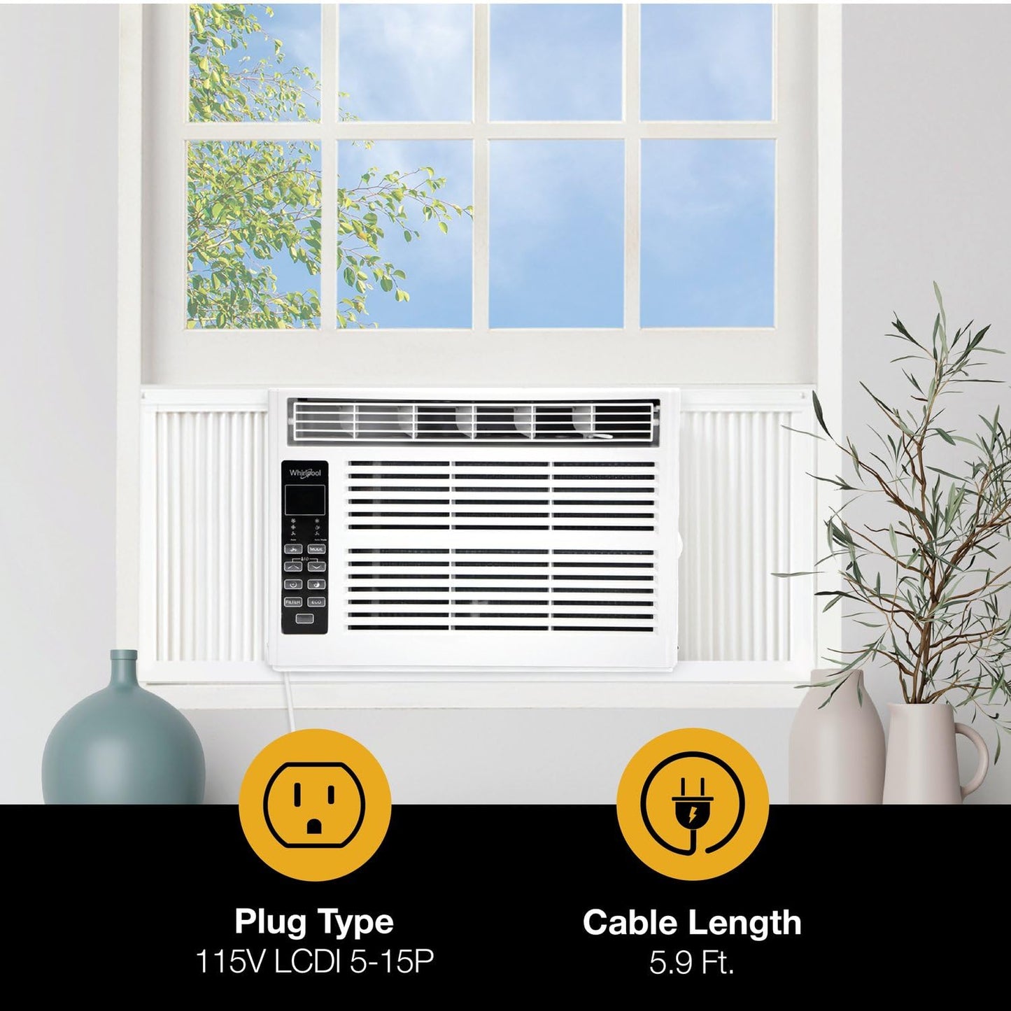 Whirlpool 8,000 BTU Window Air Conditioner with Dehumidifier, 115V, Window AC for Rooms up to 350 Sq. Ft., Living Room, Bedroom, or Apartment, with 3 Speeds, Remote Control, and 24H Timer, White