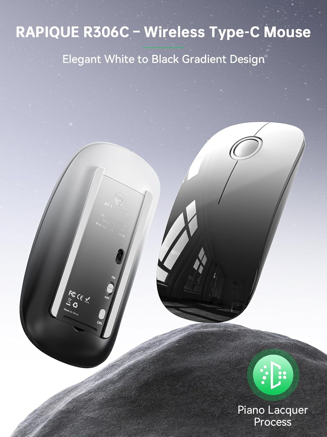 RAPIQUE 800/1200/1600 2.4GHz USB C Wireless Mouse for USB-C Devices, White to Black Gradient Slim Mouse, Silent Click