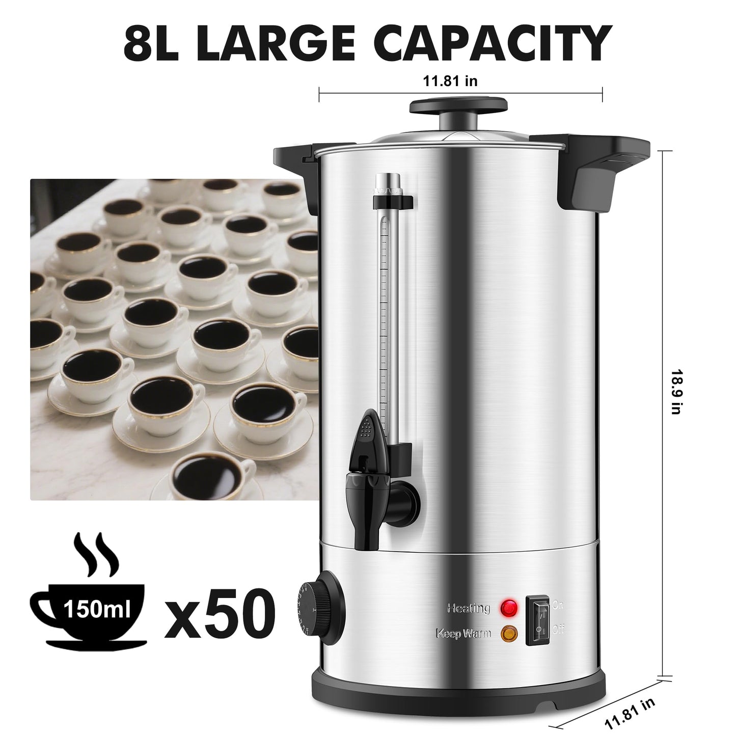 Rigstne Commercial Coffee Urn 50 Cup - Large Coffee Maker Machine, Hot Beverage Coffee Percolator Dispenser With Double Wall Stainless Steel, Water Urn for Event, Quick Brew, Temperature Control(8L)