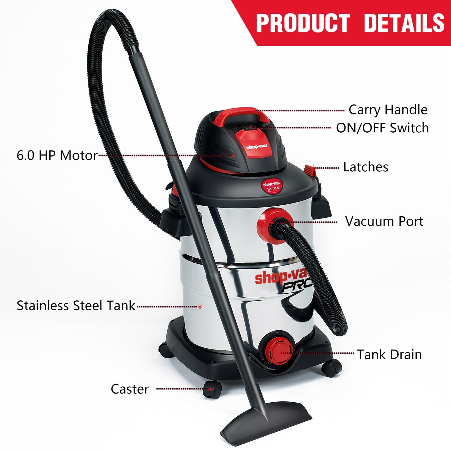 Shop-Vac 12 Gallon 6.0 Peak HP Wet/Dry Vacuum, Stainless Steel Tank, 3 in 1 Function Portable Shop Vacuum with Attachments, Drain Port, Ideal for Jobsite, Garage & Workshop. 5926211