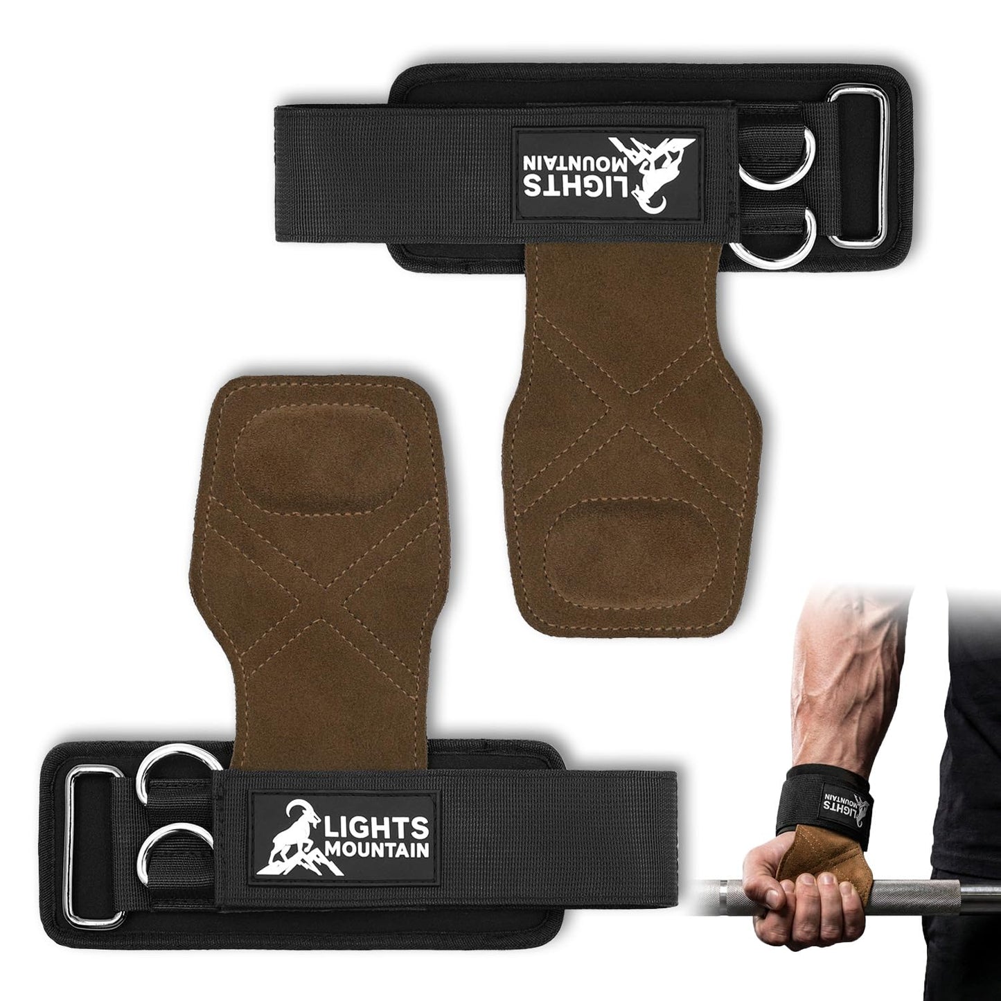 Lights Mountain Heavy Duty Weight Lifting Straps with Dual D-Rings, Leather Palm Grip, Neoprene Wrist Support for Deadlifts, Rows, Cable Machines & Free Weights