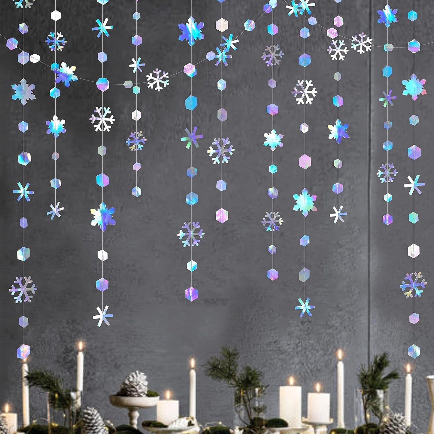 Regine Switzerland Holographic Snowflake Decorations - Iridescent 13-Inch Hanging Garland for Holiday Parties