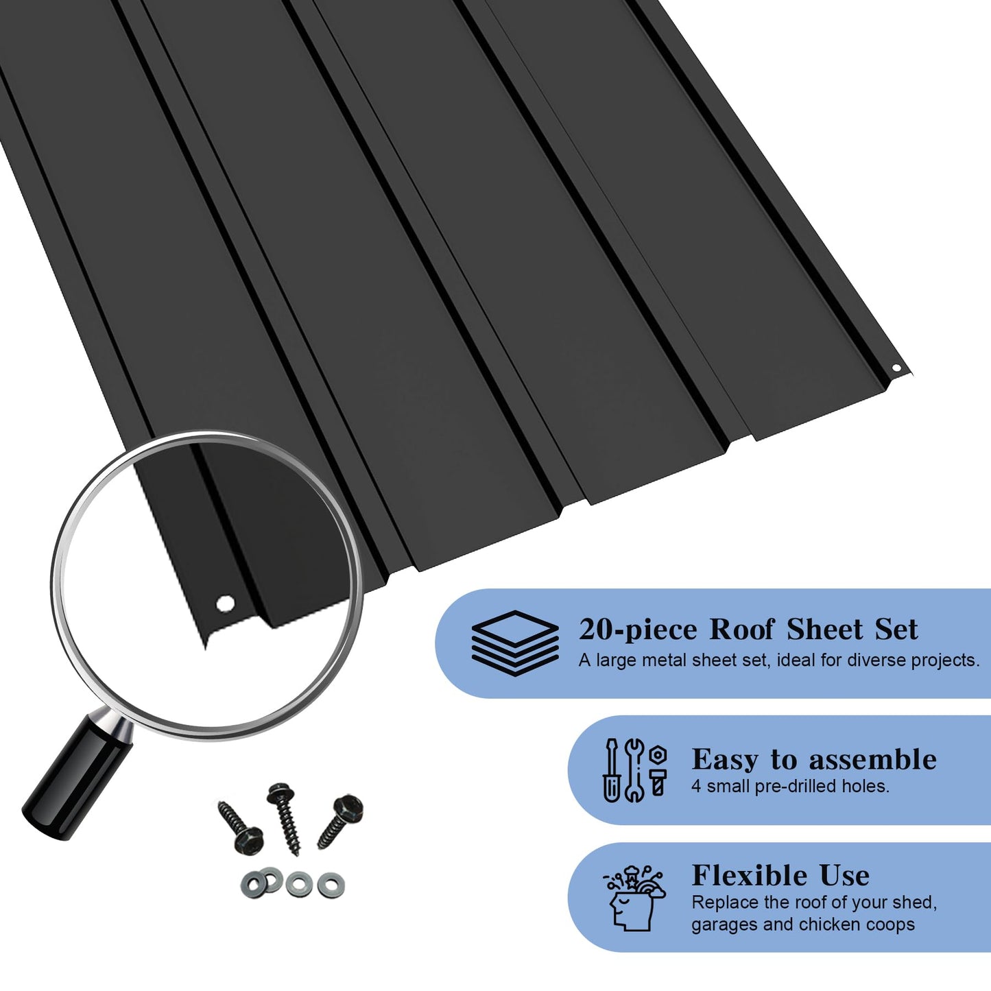Domi 20 PCS Metal Roofing Panels, Galvanized Steel Corrugated Roof Panels Waterproof Heavy Duty Metal Siding Panels with Screws for Pergola Gazebo Garage Sheds Mobile Home (Grey)