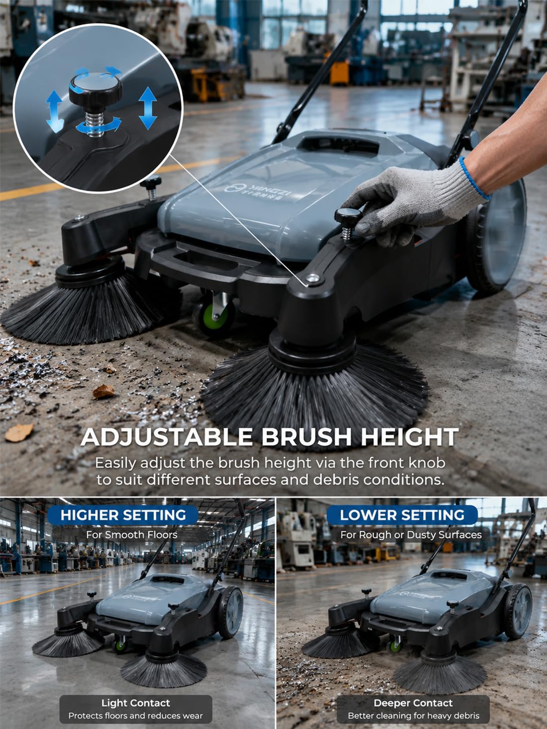 bwoopop Walk Behind Floor Sweeper Manual, 41" Sweeping, 55L Hopper, Industrial and Commercial Push Sweeper for Warehouses,Shop,Street,Yard,Farm,Indoor Outdoor Hard Floor (Baby Blue)