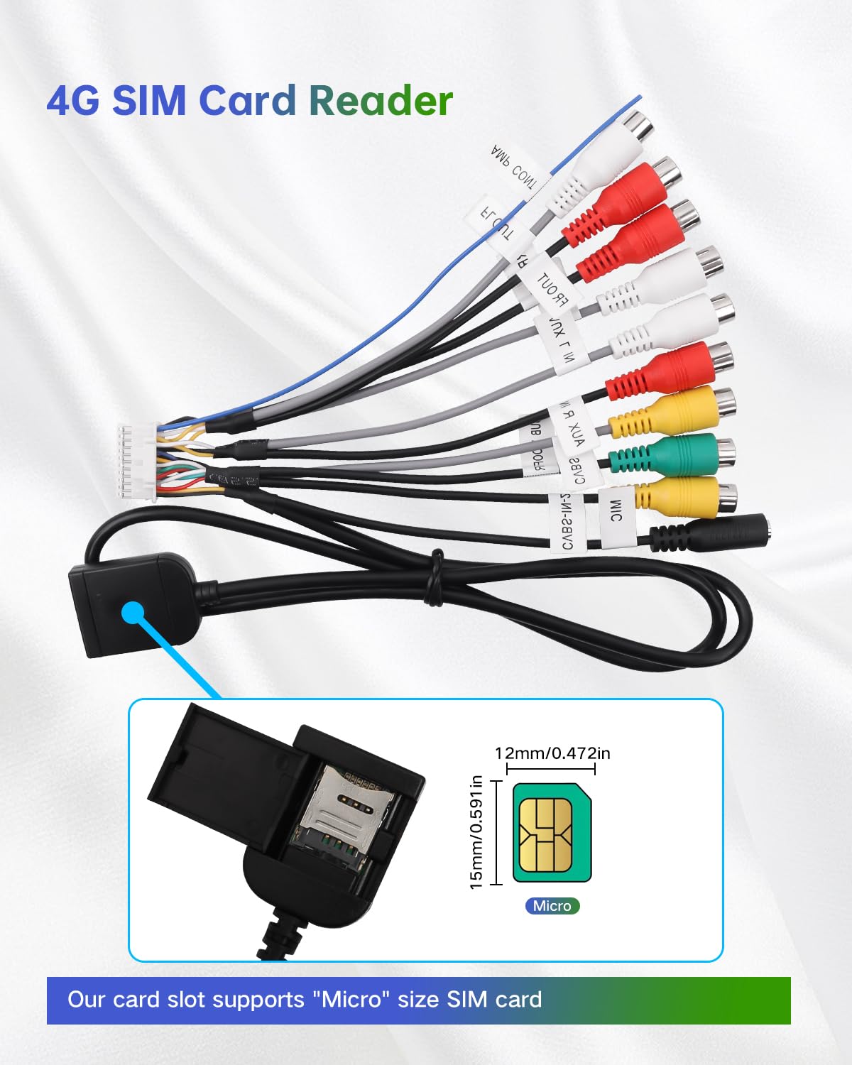 20Pin 4G Android Car Stereo RCA Wiring Harness Adapter with SIM Card Slot, Mic Jack, Audio Input/Output Cable