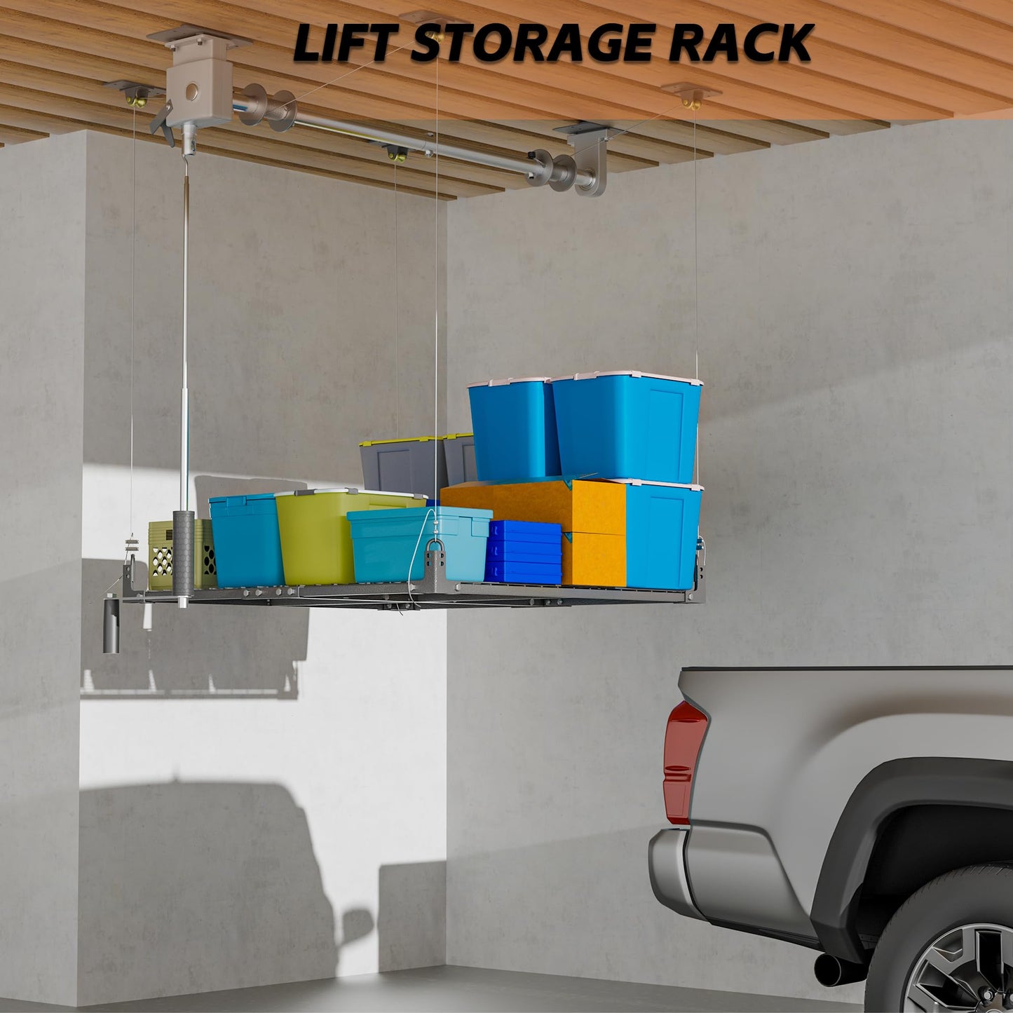 Soywey Garage Ceiling Storage Racks,4x4 FT Garage Storage Lift with Secure Lock,Heavyweight Overhead Rack for Easy Up Down,Industrial Elevator System Holds 400 Lbs