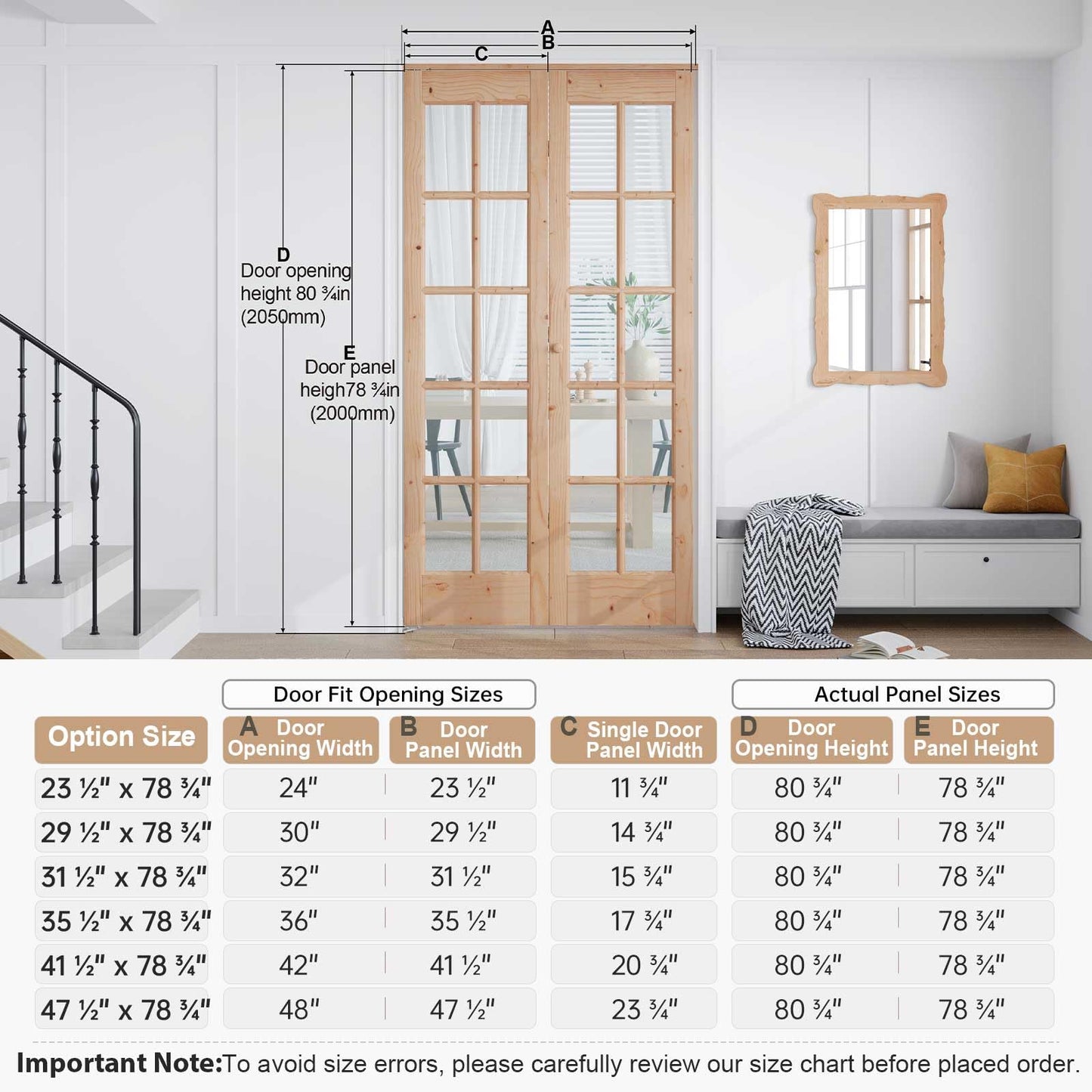 EaseLife Bifold Closet Door,for 42in x 80in (Double 21x80) Opening,French Glass Barn Doors with 3.5FT Concealed Bi-Fold Sliding Hardware Kit Included,Preassembled Door,Easy Install,DIY staining