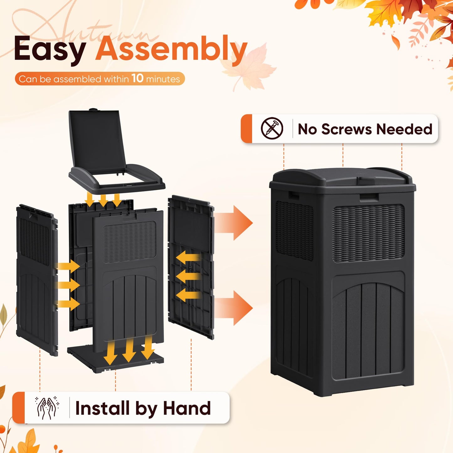 YESHOMY 33 Gallon Resin Outdoor Trash Can with Lid, Hideaway Waterproof Patio Garbage Bin, Black