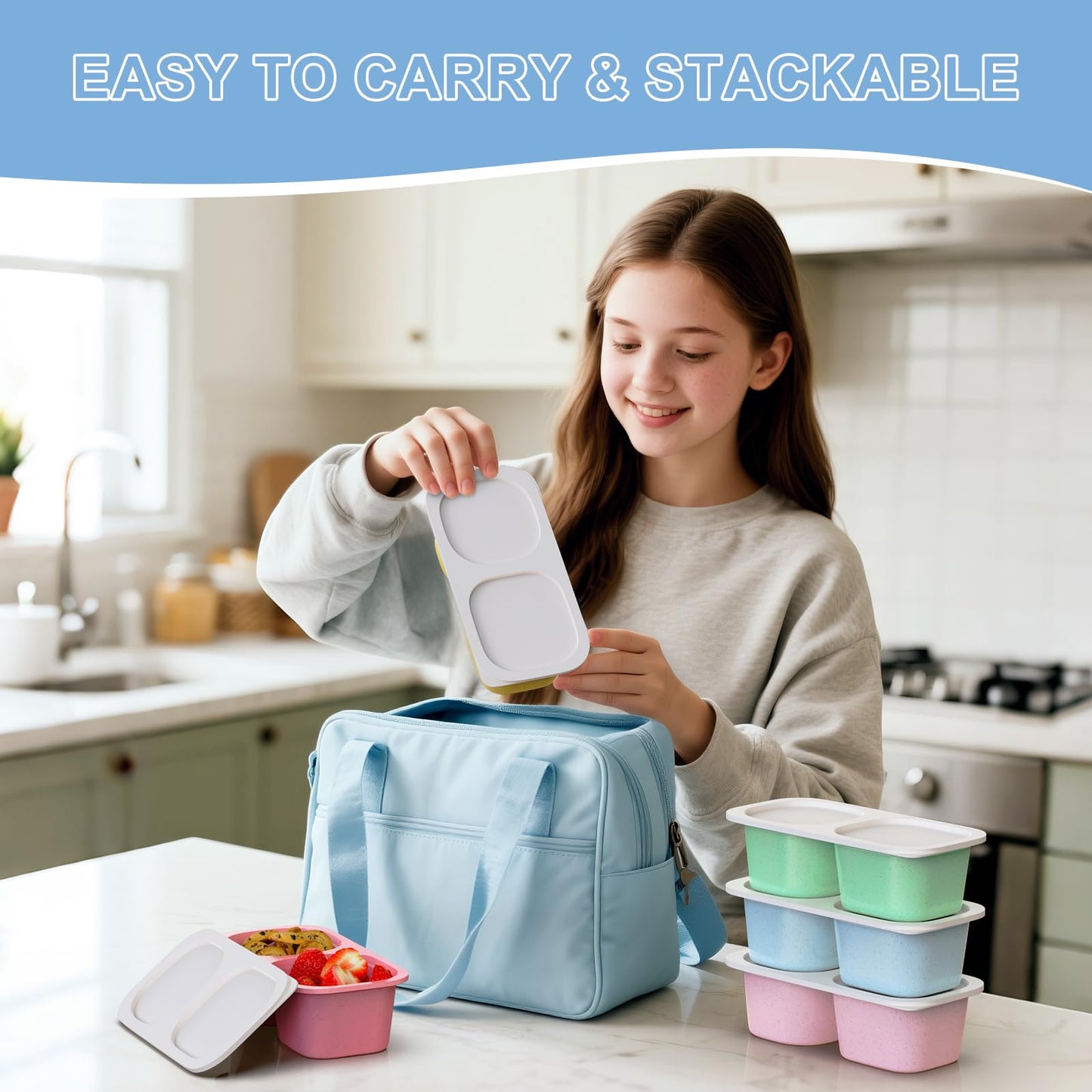 Reusable Snack Containers with Lids for Kids-Classic Color 5 PACK, [UNIQUE DESIGN 2-COMPARTMENT] BPA-Free/Microwave/Dishwasher Safe, Snack Bowls Container for On-the-Go Meals,Camping and Travel