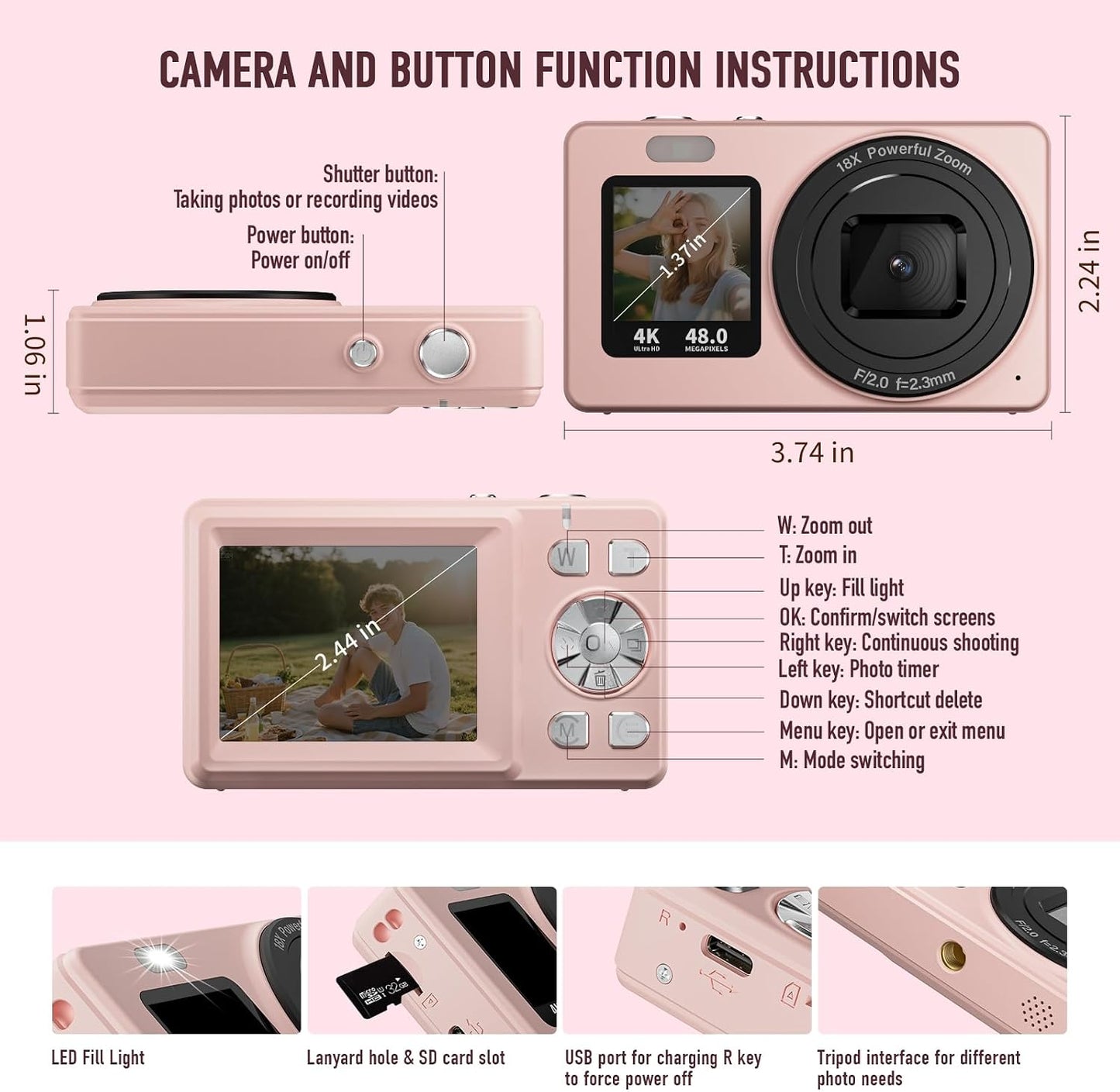 BILEBAK 4K 48MP 18X 32GB Digital Camera, Autofocus Dual Screen for Selfies, Zoom Fill Light, Portable Point and Shoot
