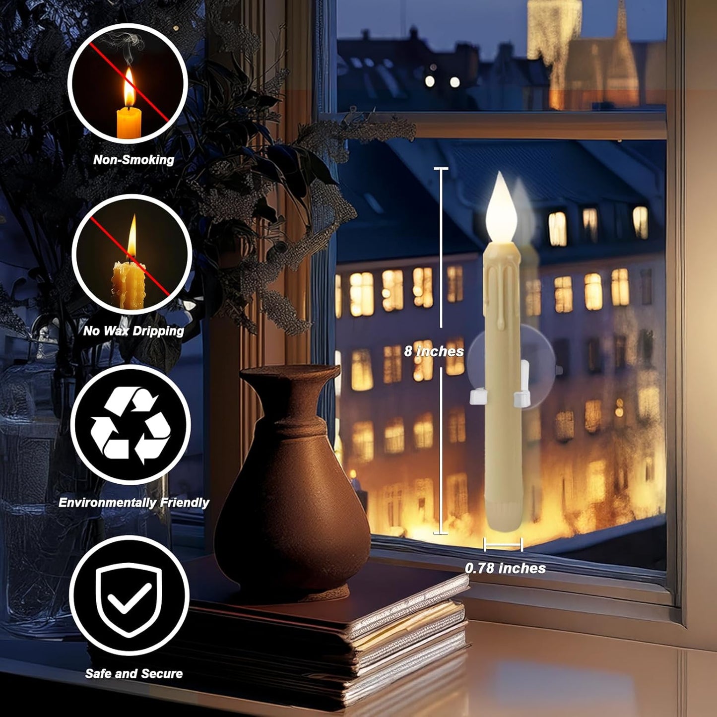 Skiennix 6 Pcs Sensor Window Candles - Flickering LED Battery Lights with Suction Cups for Xmas Decor | White