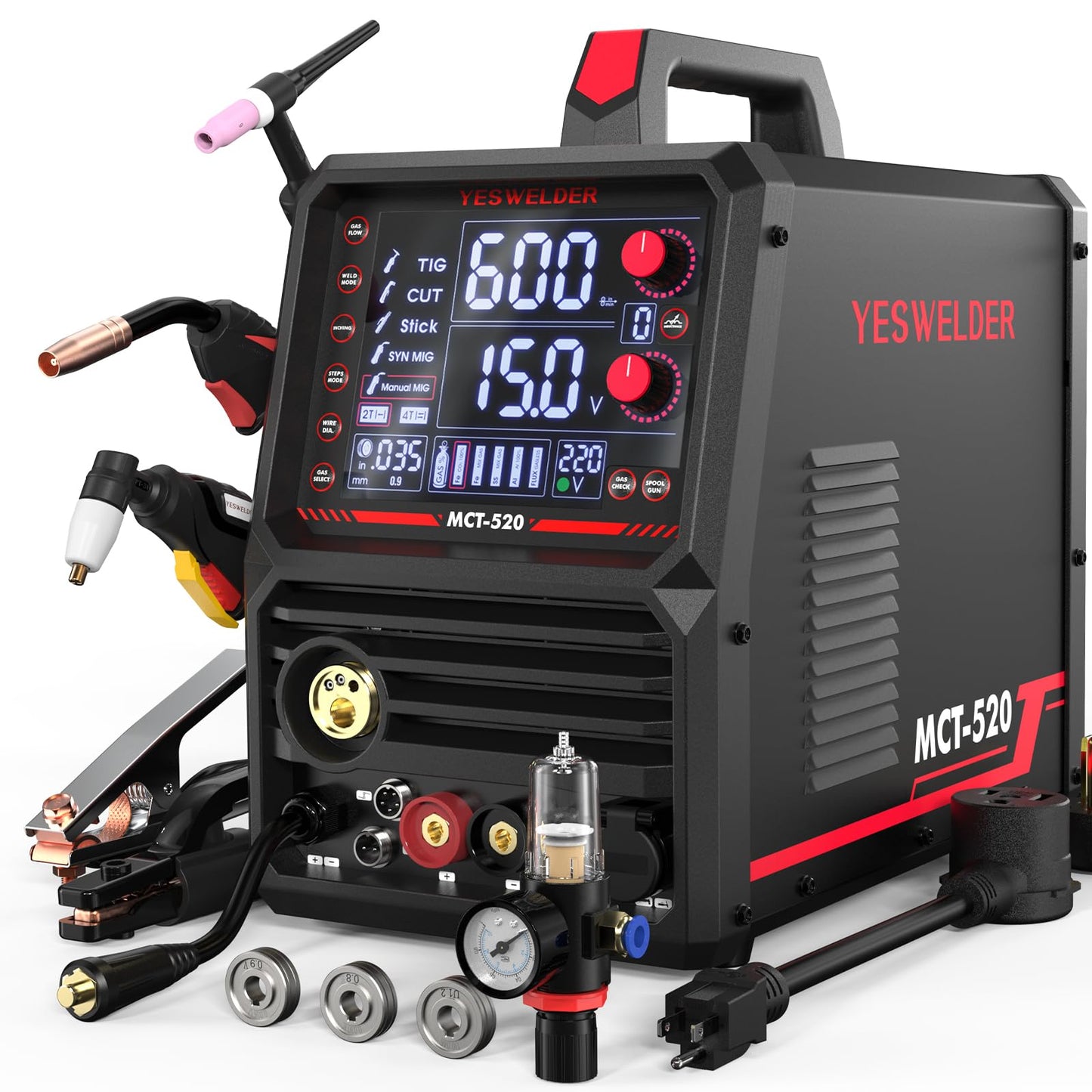 YESWELDER 6-In-1 Multifunctional Welders Combo&Plasma Cutter, MIG/Flux Core MIG/CUT/TIG/Stick/Spool Gun Compatible, 200A MIG/TIG/Stick & 50A CUT, 110V/220V MCT-520