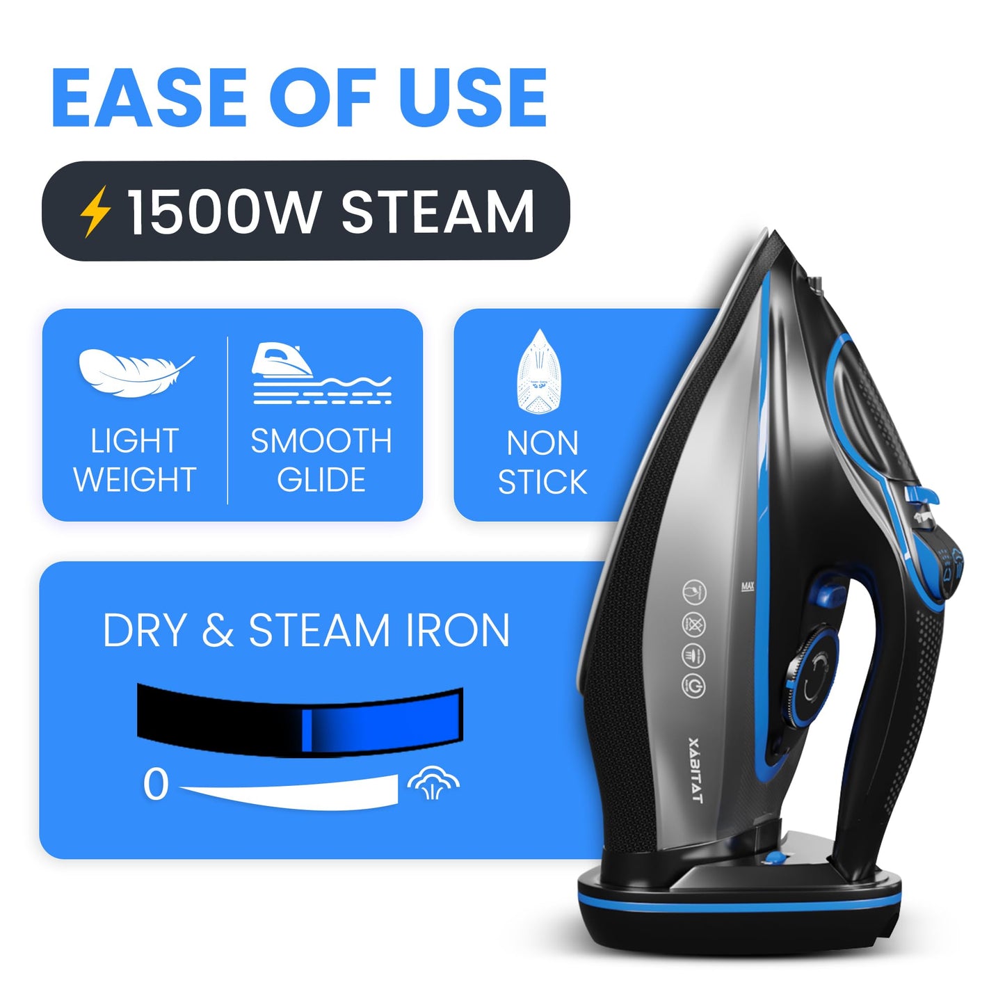 Xabitat Luxury Cordless Iron | 1500W Steam Iron | Anti Drip | Thermal Protection Technology | Nonstick Ceramic Soleplate | 2-in-1 Cord/Cordless (Black + Blue)