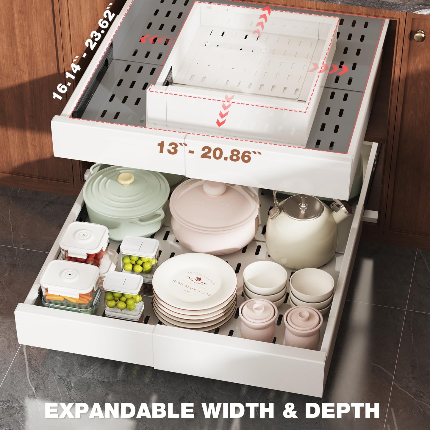 Seinloes 1 Pack Pull Out Cabinet Organizer Expandable Width(13"-21") and Depth(17"-24"), Slide Out Drawers With Raising Pad for Framed Cabinets, No Drill Roll Out Shelves for kitchen, Bathroom, White