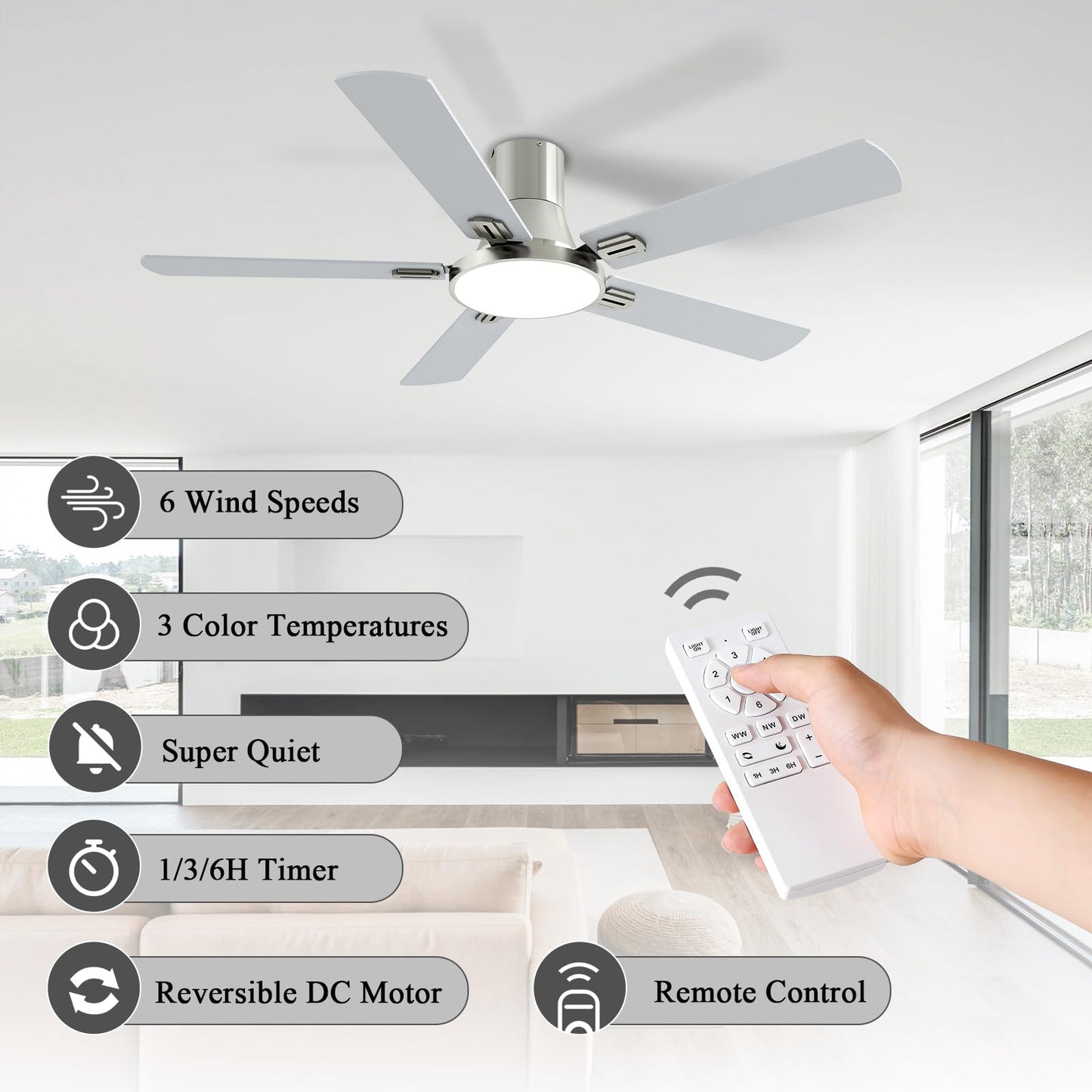 SNJ 52 Inch Brushed Nickel Ceiling Fans with Lights and Remote,Flush Mount Low Profile 5 Blades Ceiling Fan,Dimmable Quiet Reversible DC Motor for,Living Room,Bedroom and Patio